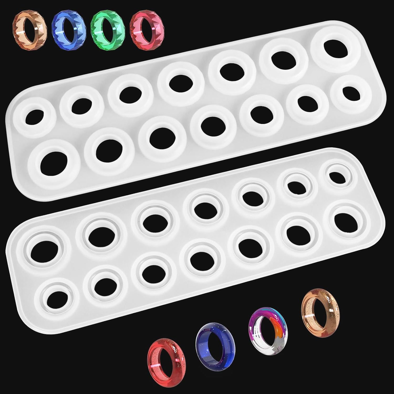 GAQWOK Silicone Resin Ring Molds: 14 Rings in 7 Sizes (17-23mm), Dome & Diamond Faces for Epoxy Jewelry, Keychains, Crafts & Gifts