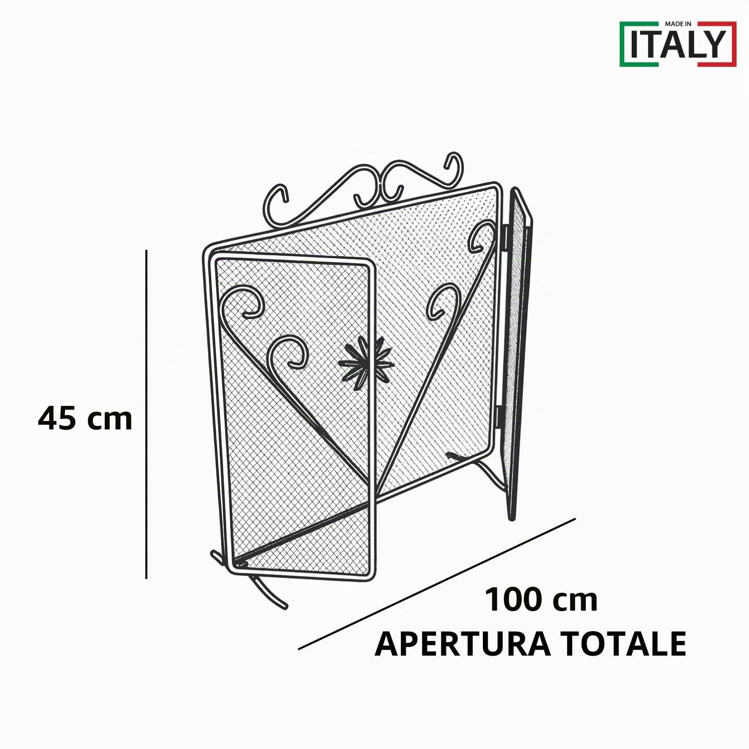 MOHOME Parascintille per Camino Angolare Nero Ferro Battuto Design Floreale 45 x 100 cm Cuore Griglia Paraschizzi Made in Italy Caminetto Parafuoco Protezione per Stufa Caminetti Accessori per Camino