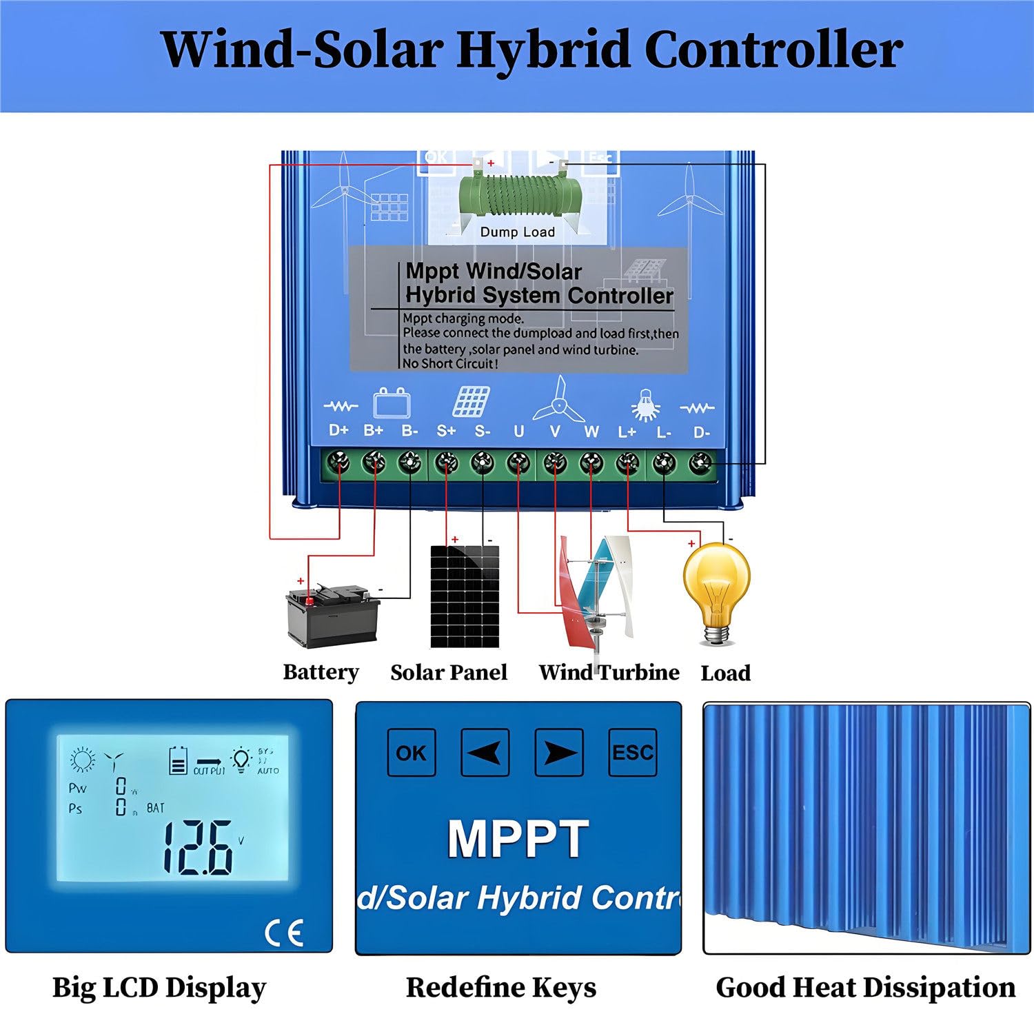 Kontroler ładowania wiatrowego i słonecznego 16000 W, hybrydowy kontroler ładowania wiatrowo-słonecznego z wyświetlaczem LCD i obciążeniem rozładowczym 48V