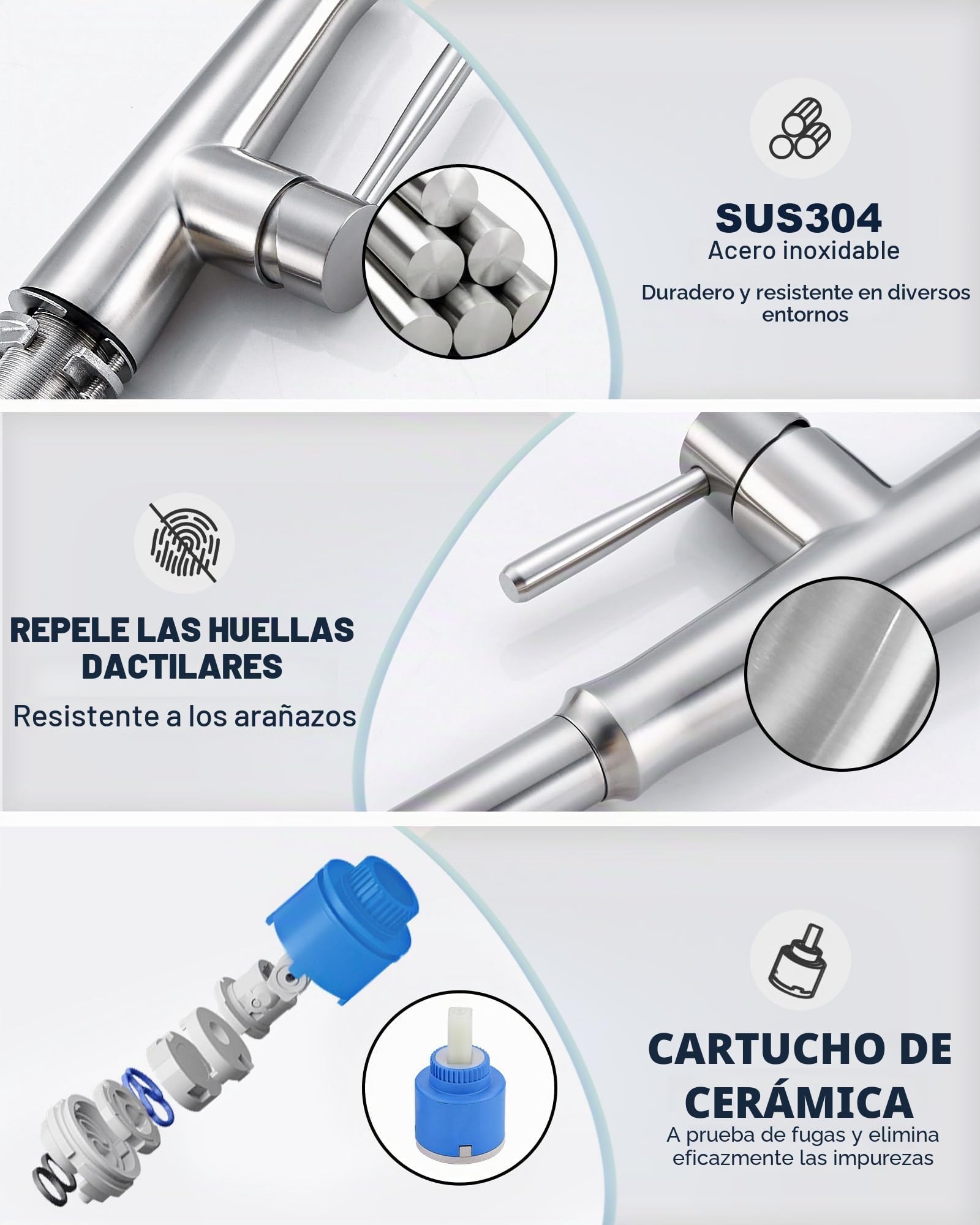Grifo de cocina extensible, alta presión, acero inoxidable, giratorio 360°, grifo de cocina con 2 tipos de chorro