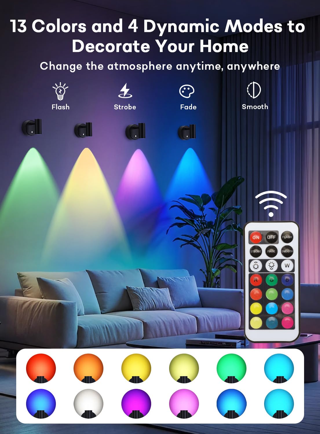 Lightess RGBW Spot Lights Indoor 5500mAh Rechargeable Uplighting with Remote, 13 Color Changing LED Wireless Spotlight Indoor, Dimmable Battery Operated Spotlight for Plant Picture Party Decor, 2 Pack