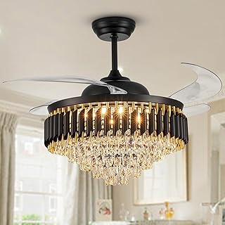 52" Large Luxury Crystal Ceiling Fan with Light and Remote Control, Crystal Chandelier Fan LED Dimmable 6-Speed, Modern Bladeless Ceiling Fan for Living Room Dining Room Foyer Hotel