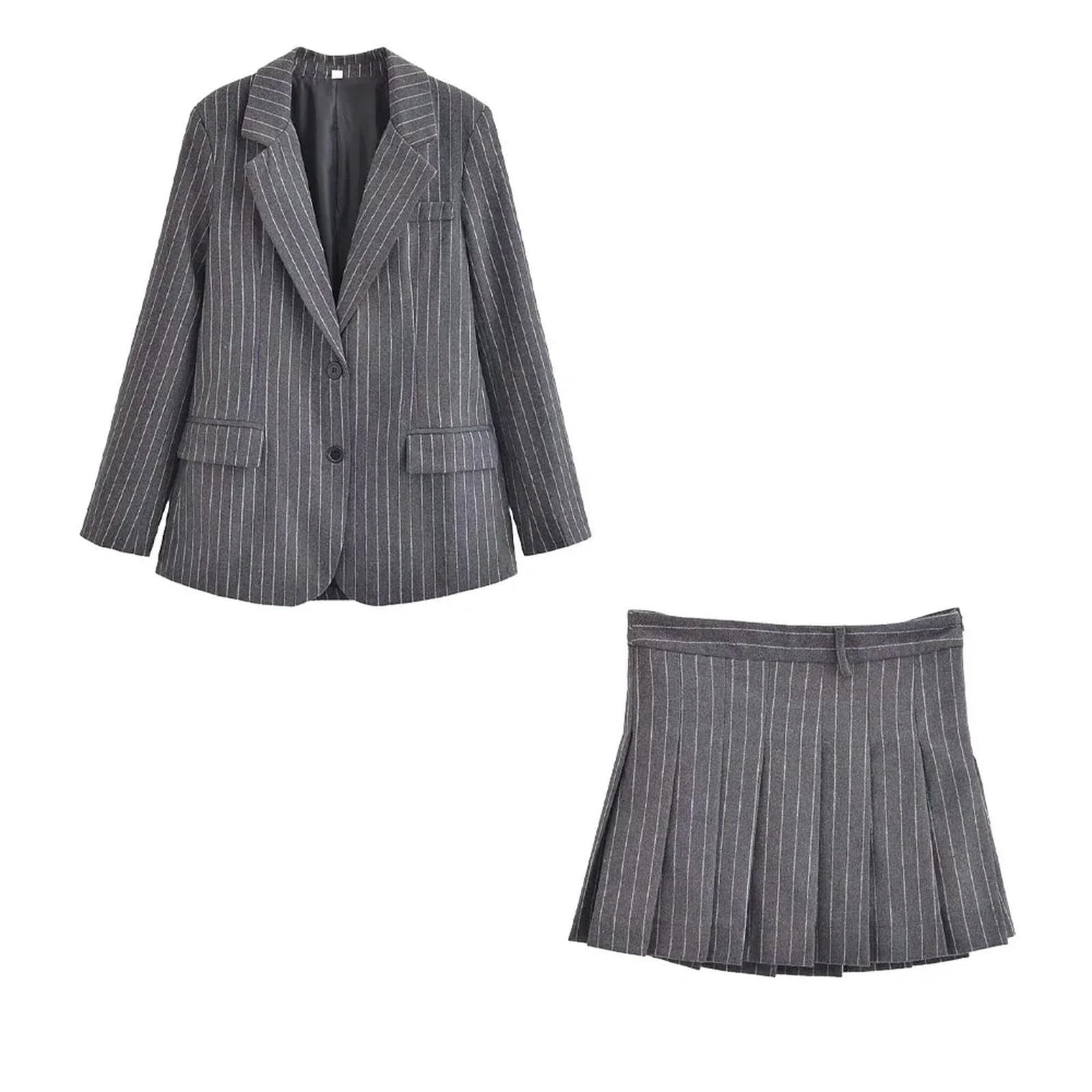 Primavera/Verano Nueva Falda Corta de Cintura Alta con Traje Mezclado de Rayas Finas para Mujer-Gris_a-L
