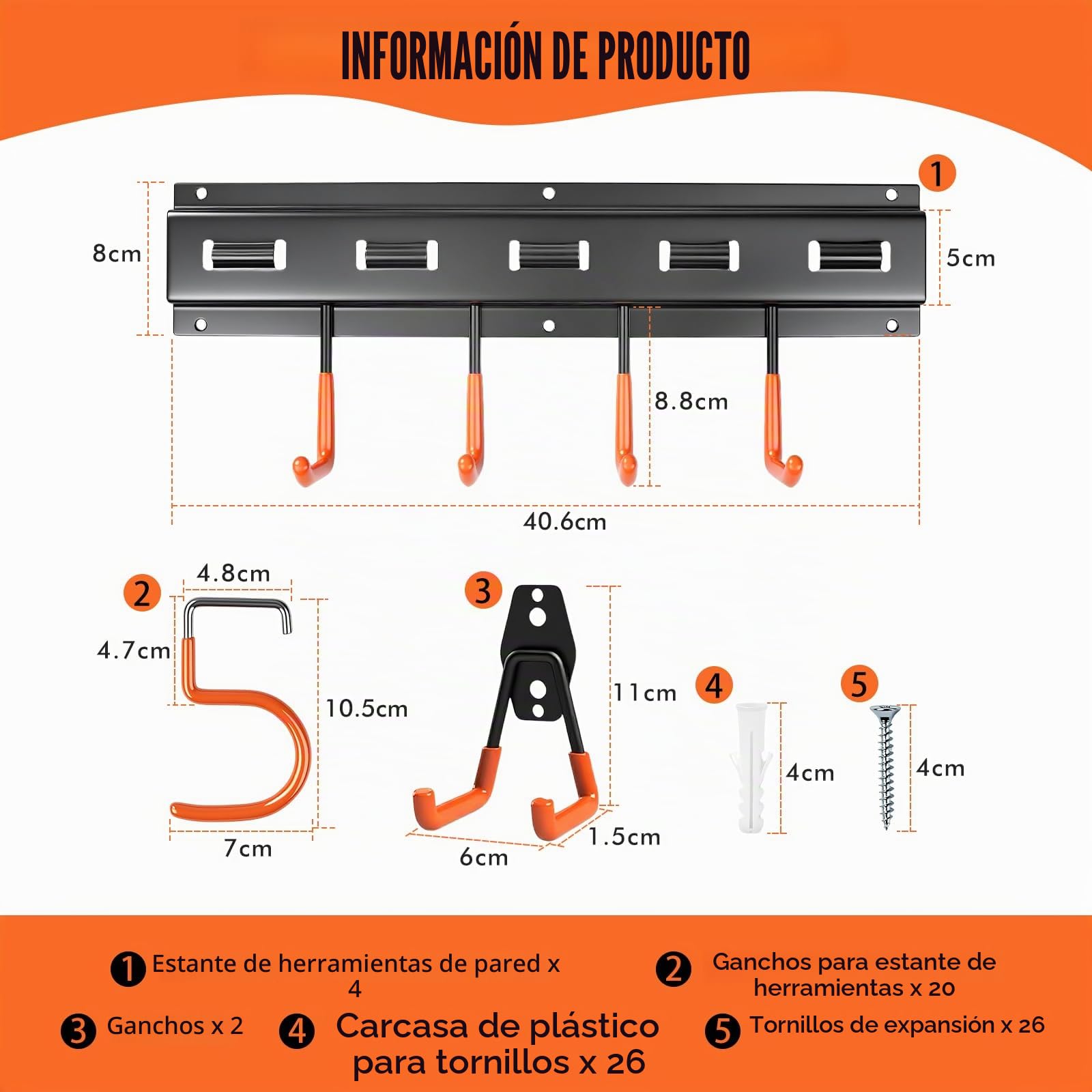 Organizador de Herramientas 4x40.6cm con 20 Ganchos S, 2 Ganchos Dobles, Recubrimiento Antideslizante, Soporte Herramientas para Escoba, Mopa, Pala, Jardín, Garaje, Trastero