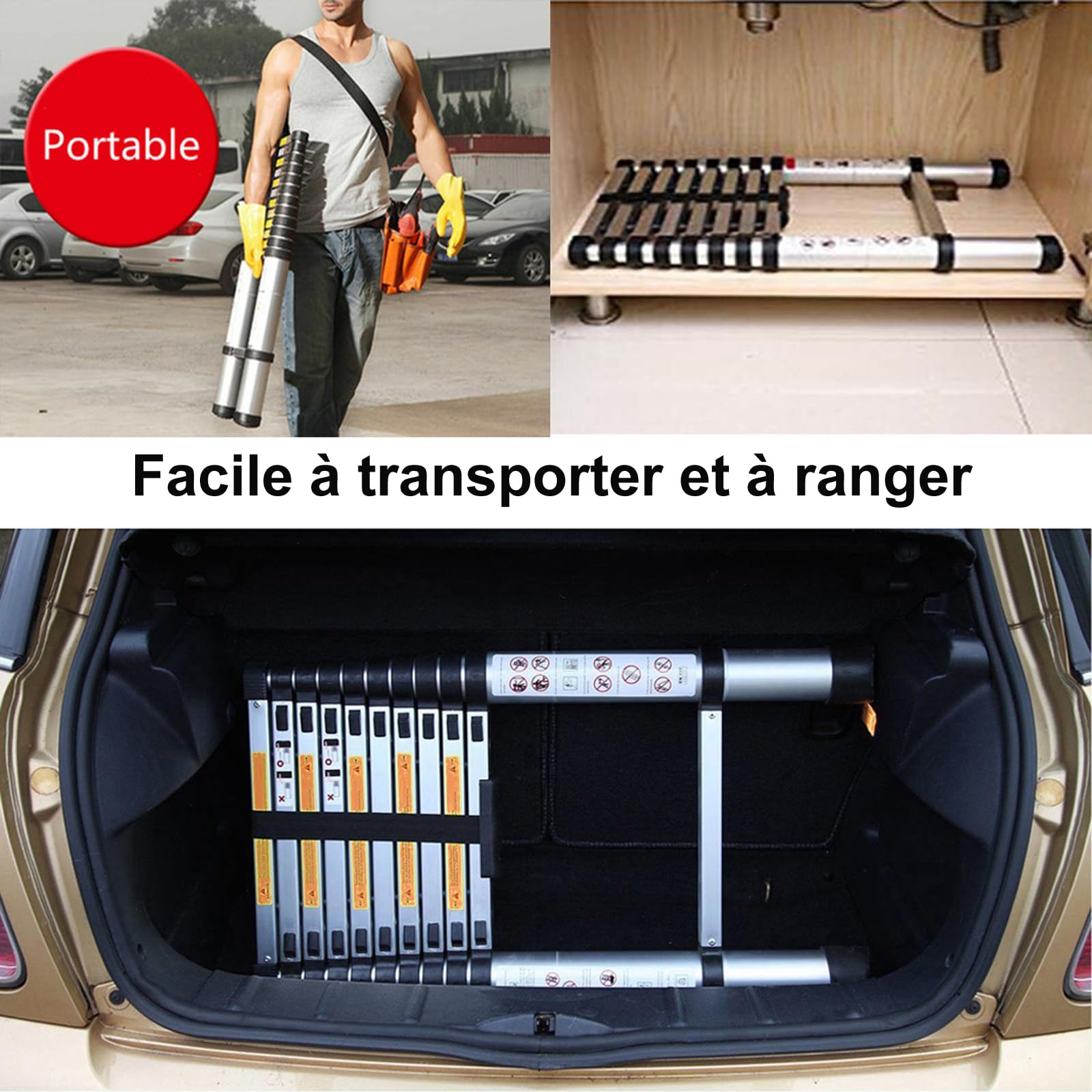Scaletta telescopica da 3,2 m, pieghevole, scala telescopica pieghevole, in acciaio inox, con pedane a scomparsa, portata massima 150 kg