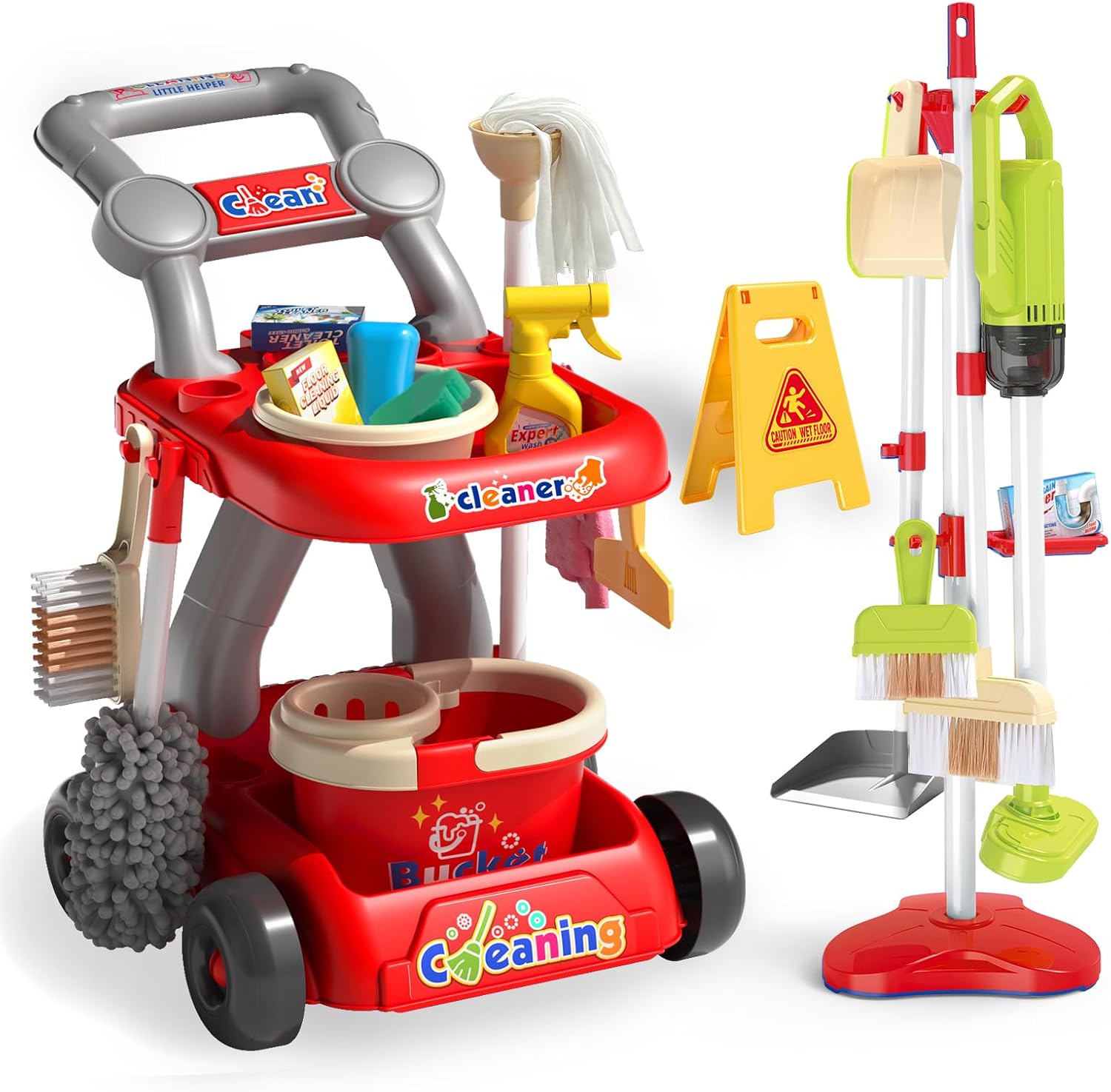 Kids Cleaning Toy Set, Educational Pretend Play Cart with 29 Pcs, Detachable Housekeeping Tools for Toddlers