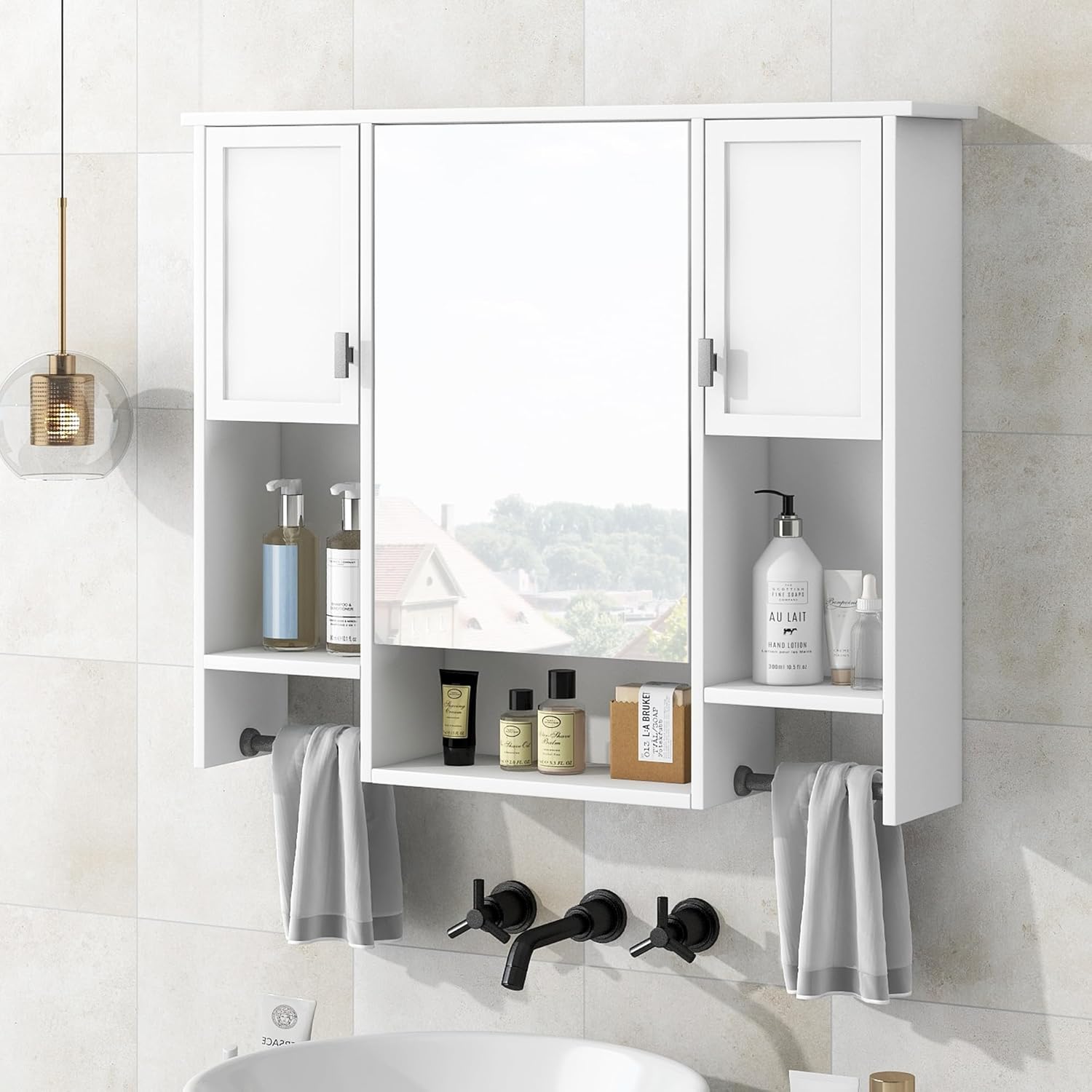 Bathroom Medicine Cabinet, Wall Mounted Bathroom Storage Cabinet with Mirror, Open Shelf, Side Cabinet and Towel Bar, Over The Toilet Mirrored Cabinet, 35" W x 28.7" H