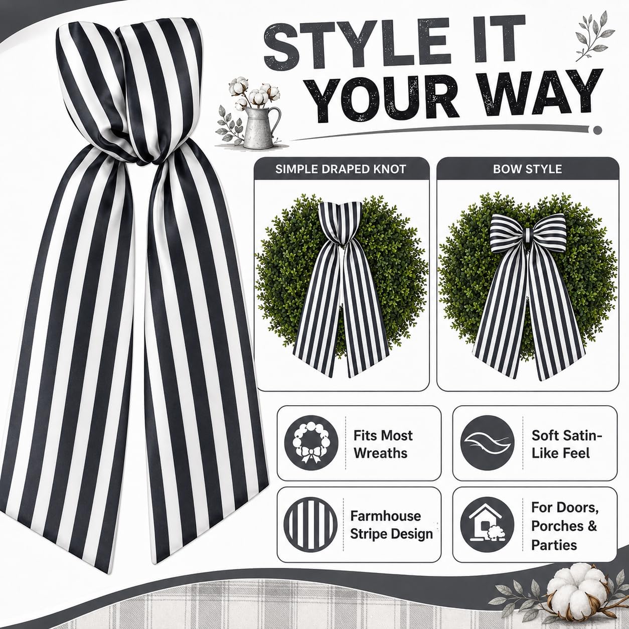 Black White Striped Wreath Sash for Front Door, 4.5 x 56 Inch Boxwood Satin Ribbon Garland Accessory for Porch Farmhouse Home Decor
