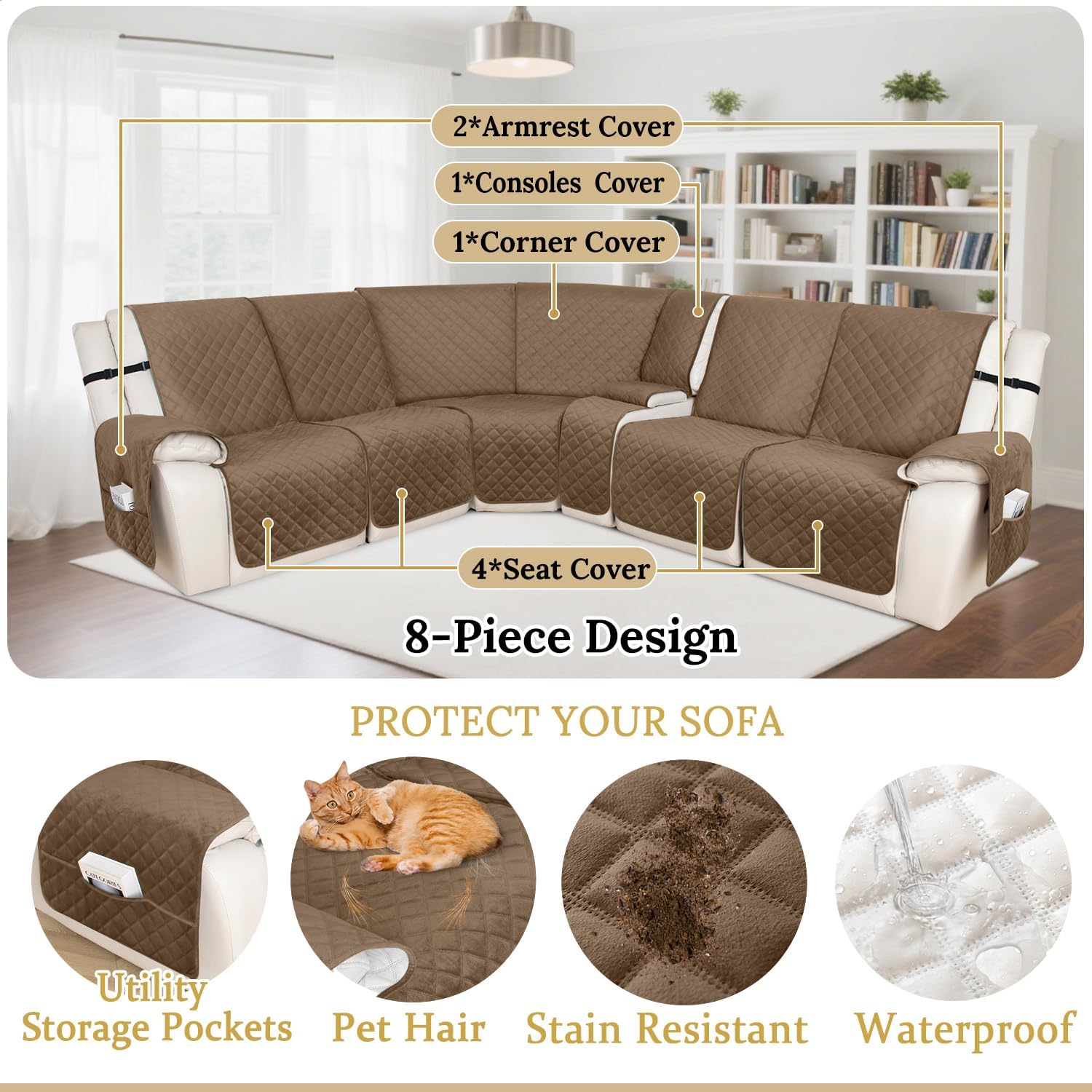 HDCAXKJ 100% Waterproof Velvet Recliner Sectional Couch Covers L Shaped Corner Reclining Sofa Cover Washable Thick Non Slip Sectional Slipcover with Pockets (5 Seat and 1 Middle Console, Light Brown)