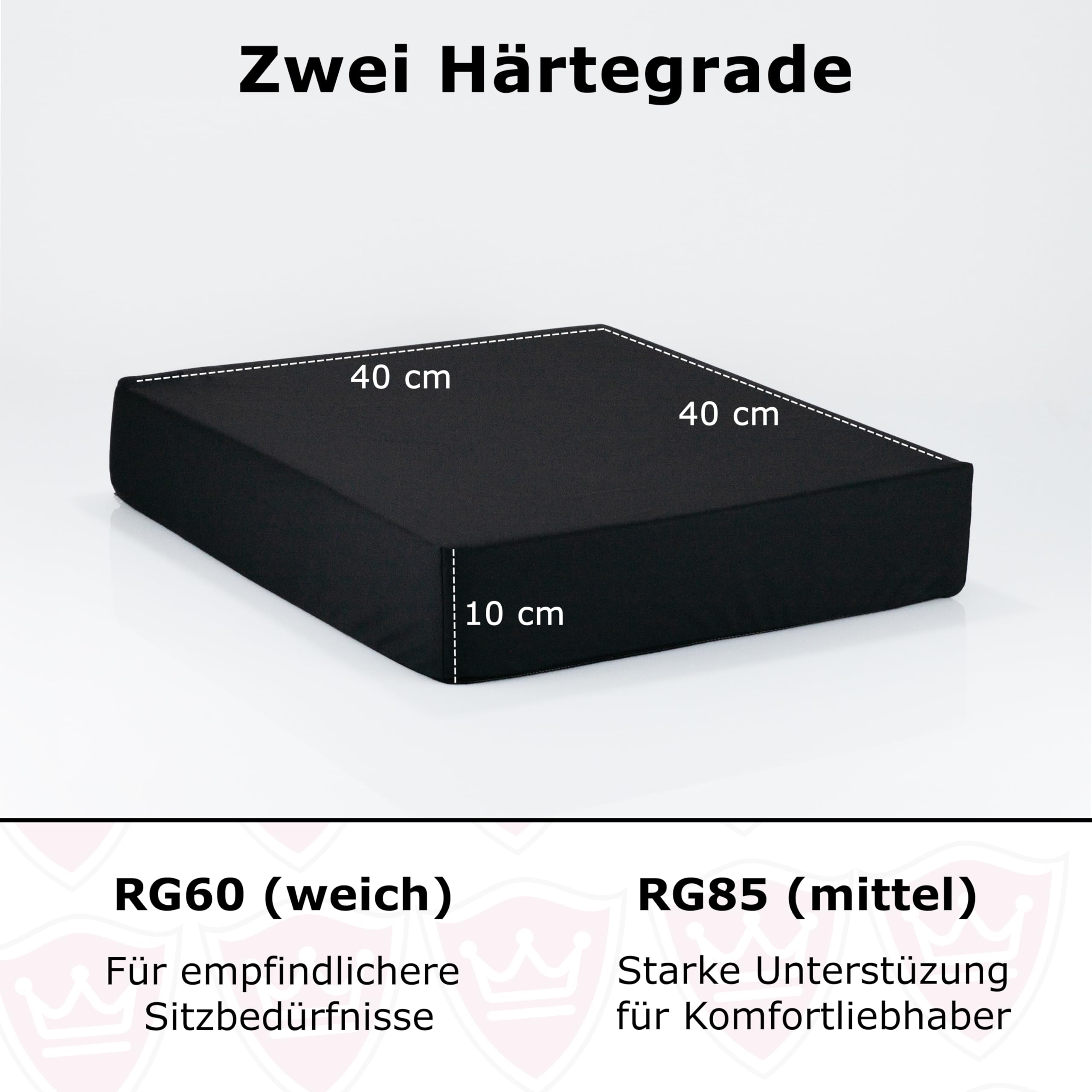Orthopädisches Anti Dekubitus Viscoschaum Sitzkissen 40x40x10 cm – Made in Germany | Ergonomisch & druckentlastend | (Schwarz, RG85 (mittel) Wasserabweisend schwarz)