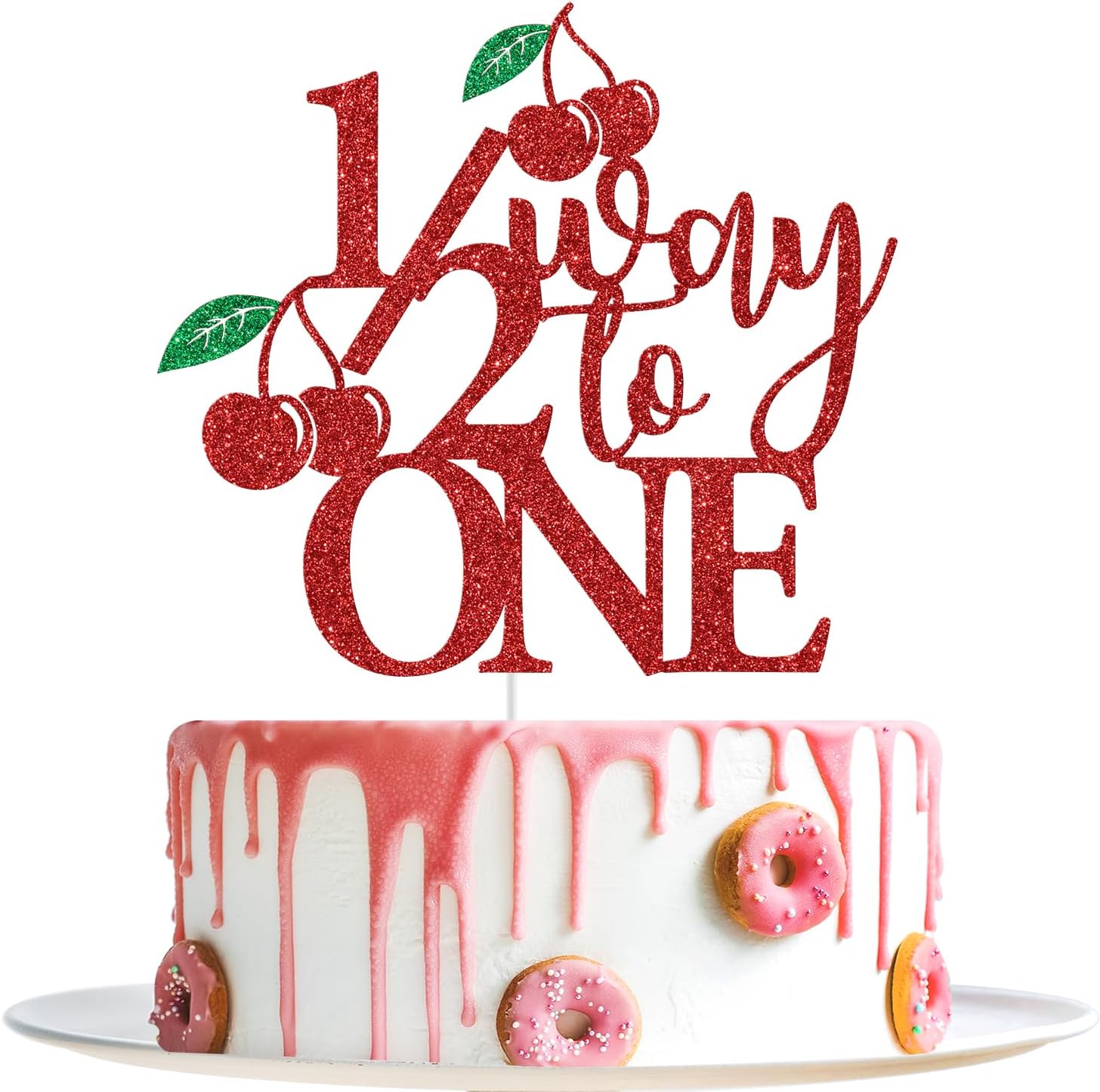 Cherry 1/2 Way To One Cake Topper, 6 Months Birthday Decorations, Sweet One, Summer Fruit Cherry Theme Baby Shower Half Birthday Party Decorations, Red Glitter