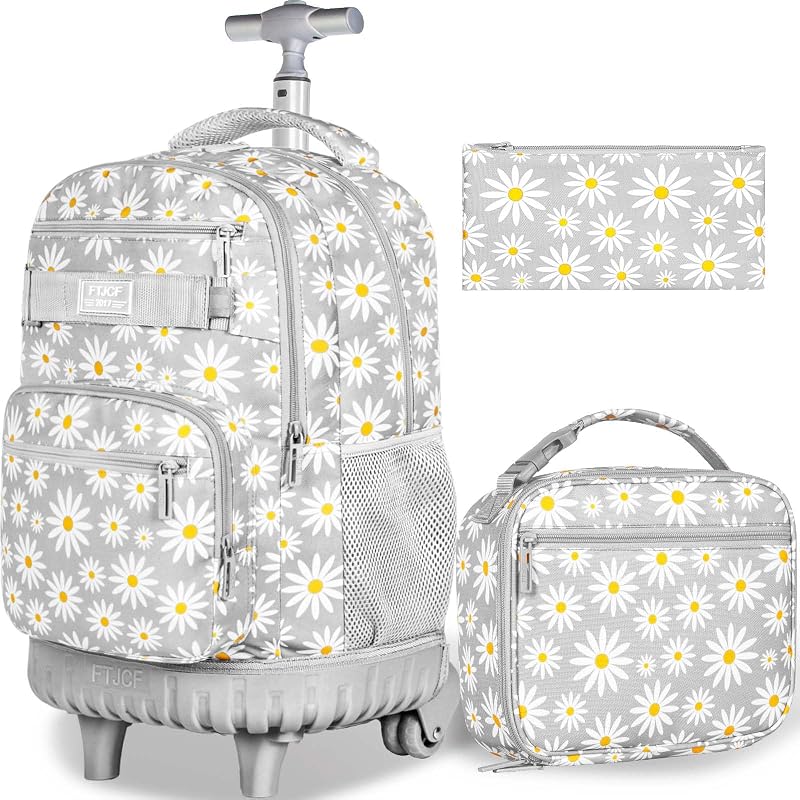Womens Rolling Backpack for Girls, Wheeled Bookbag with Lunch Box for Adults, Water Resistant Roller School Bag for College Teens Kids Travel - Grey