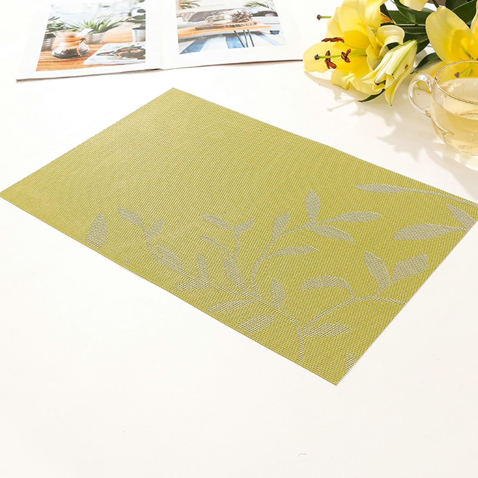 6er Set Platzsets Grün, Tisch Untersetzer-Set Boho 30x45cm Rechteck mit Blättermuster PVC