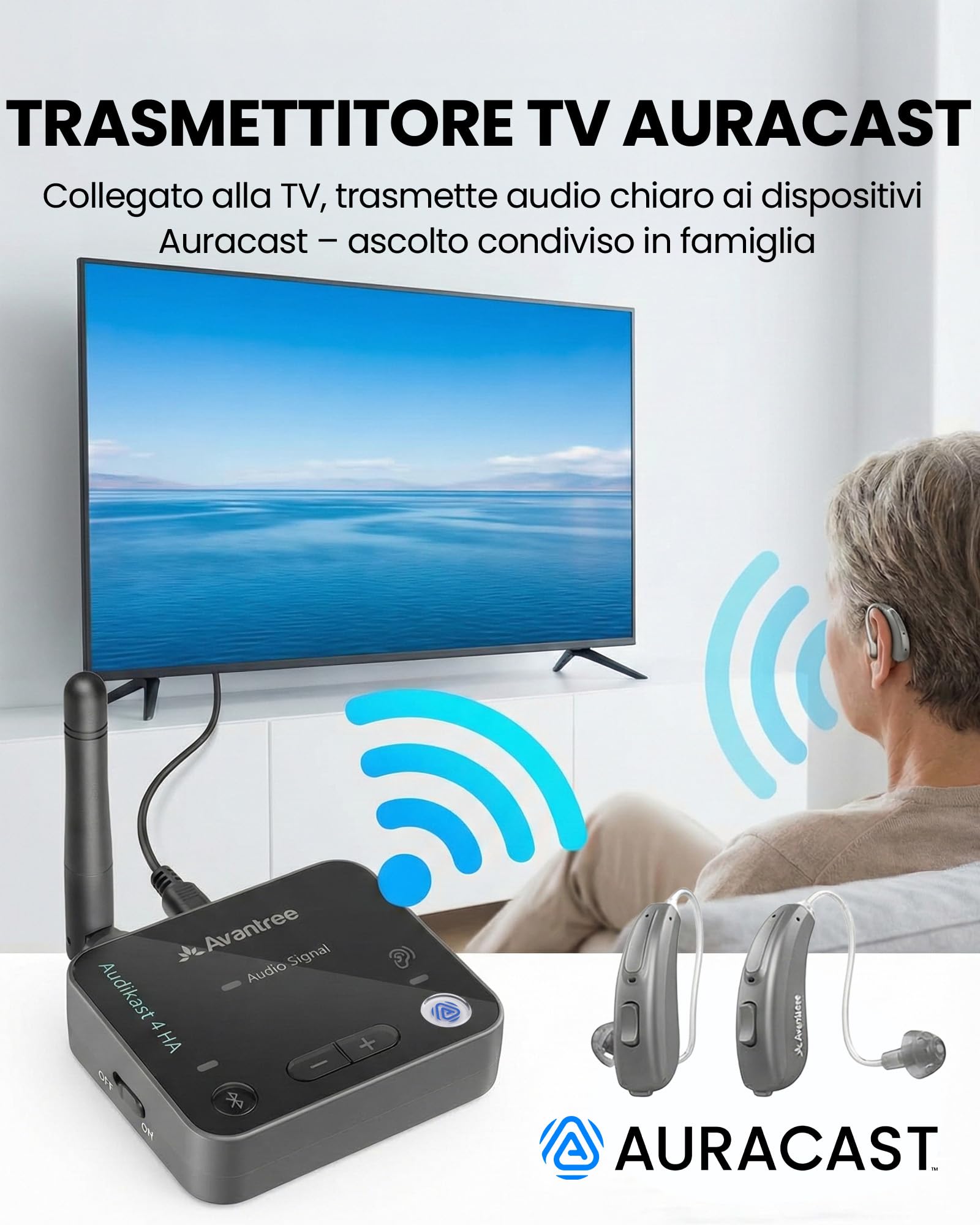 Avantree Audikast 4HA – Trasmettitore e streamer TV Auracast per dispositivi audio Auracast selezionati, ascolto TV personale al proprio volume, ottico e AUX, pronto per il futuro e aggiornabile