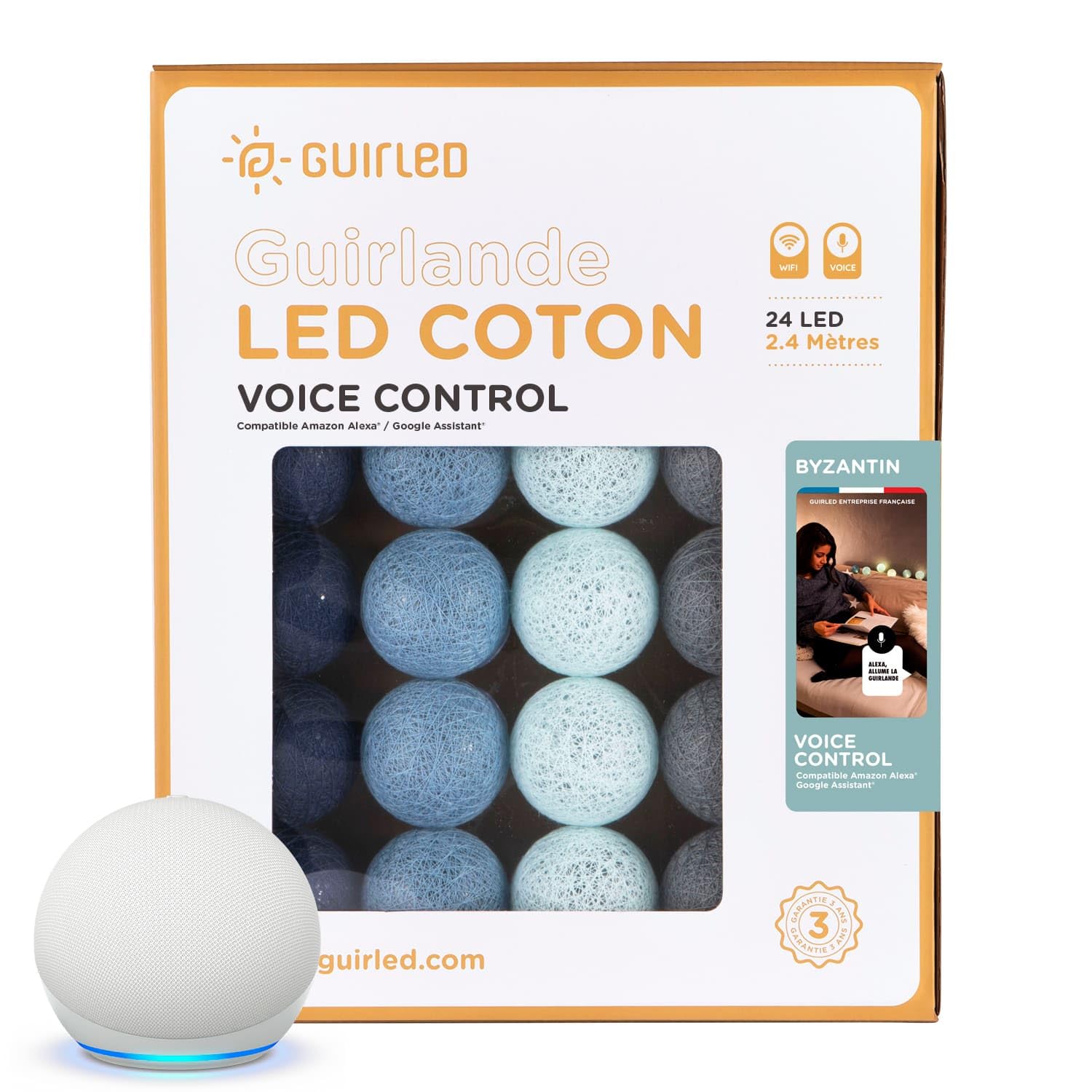 GuirLED - Guirlande lumineuse wifi boules coton LED USB - Commande Vocale - Maison connectée - Amazon Alexa & Google Assistant - Adaptateur secteur 2xUSB inclus - 24 boules 2.4 - Byzantin