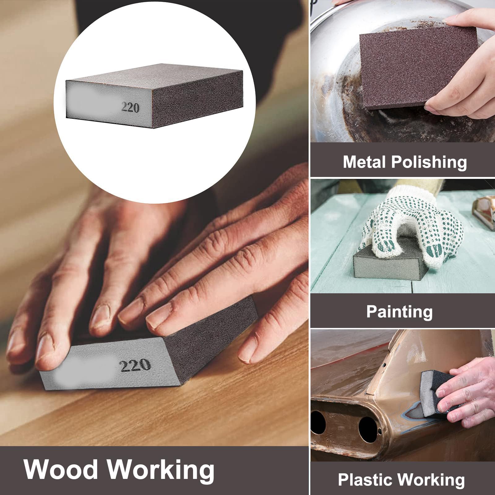 TERRIFI Sanding Block Set, 6 Pieces Sanding Sponges with 6 Grits (60,100,120,150,180,220), Coarse to Superfine Wet and Dry Dual-Use Abrasive Pads, Washable and Reusable for Wood, Walls, and Metal.