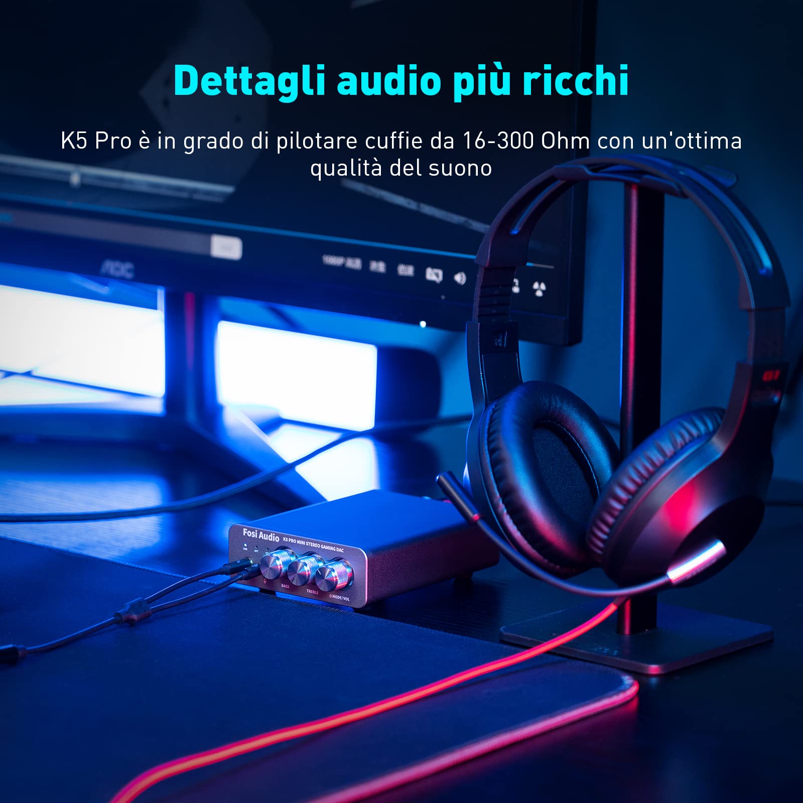Fosi Audio K5 Pro Amplificatore per Cuffie DAC USB C Uscita 3,5 mm RCA Ingresso Microfonico Ottico Coassiale USB Type C Gaming DAC AMP Hi-Res PS5 PC MAC