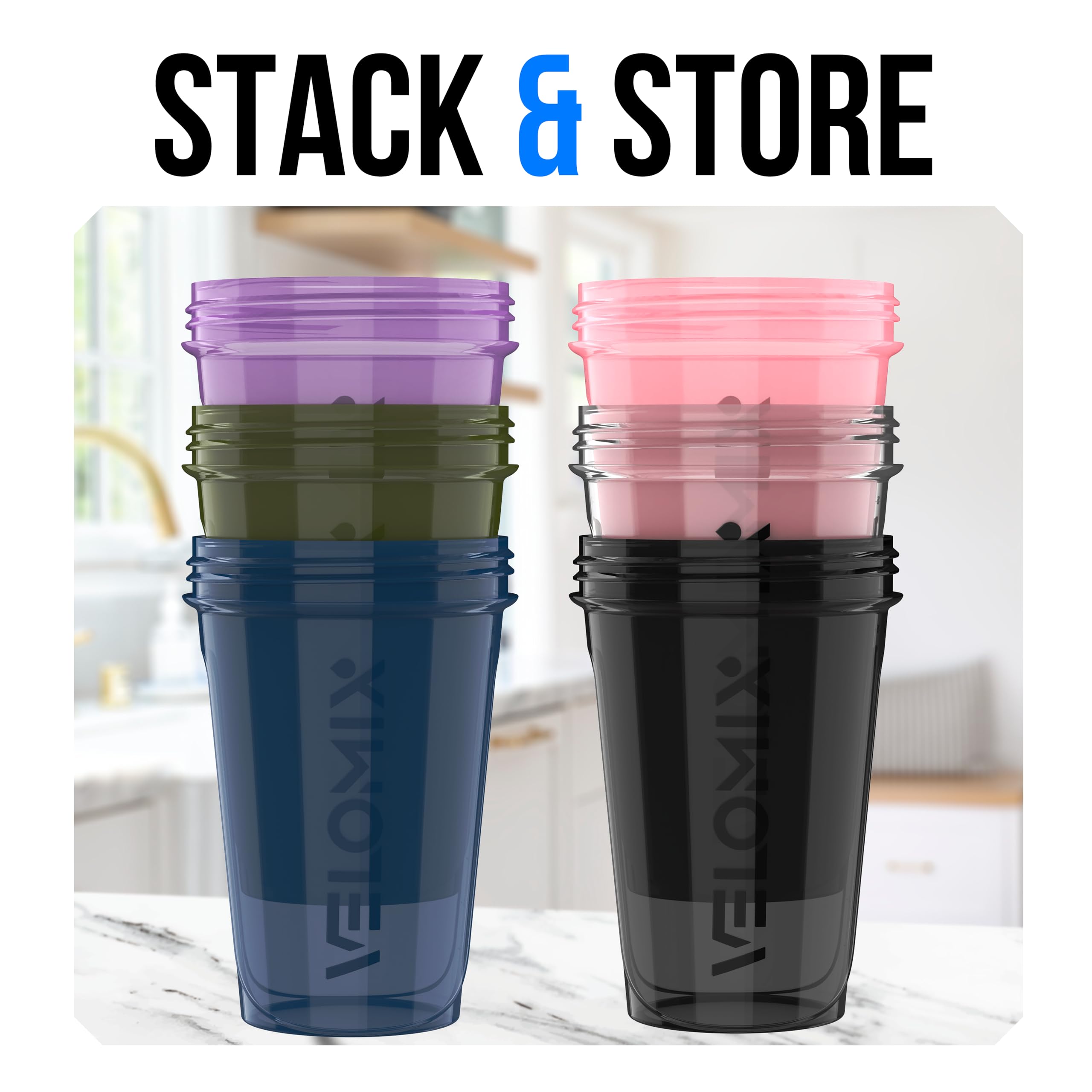 VELOMIX Protein-Shaker-Flasche für Proteinmischungen, auslaufsichere Shaker-Becher für Protein-Shakes, stapelbare Protein-Shaker-Flasche, spülmaschinenfest, gedämpfter Kontrast, 6 Stück