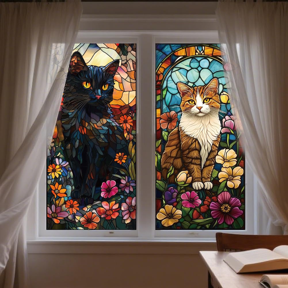 ANATTASOUL Adesivi Statici per Finestre Grandi Gatto Nero e Gatto Arancione Adesivi Riutilizzabili per Finestre in Vetro, 120 cm x 30 cm Adesivi per Finestre Rimovibili Bifacciali per Decorazione di