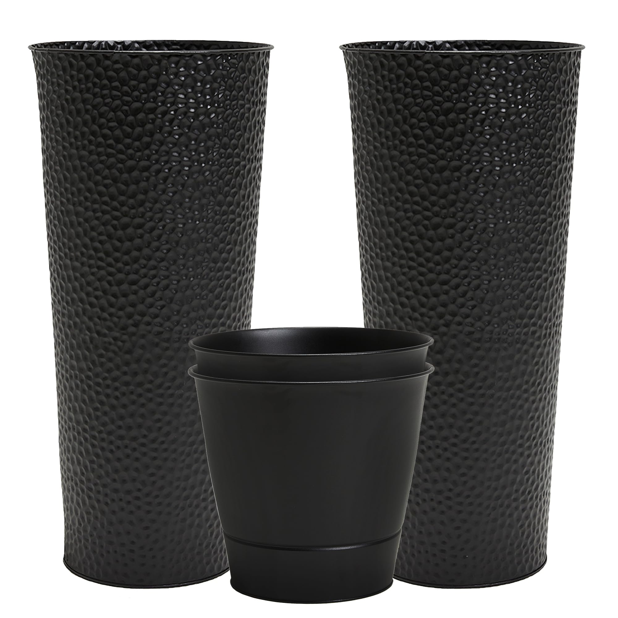 Worth Garden 2-Pack 28" H. Metal Planter with 2X Inside Pots - Hand-Hammered Texture Tall Narrow Tapered Plant Pots - Large Handcrafted Flower Pot for Indoor Outdoor, Deck, Patio, Front Porch (Black) ( USED)