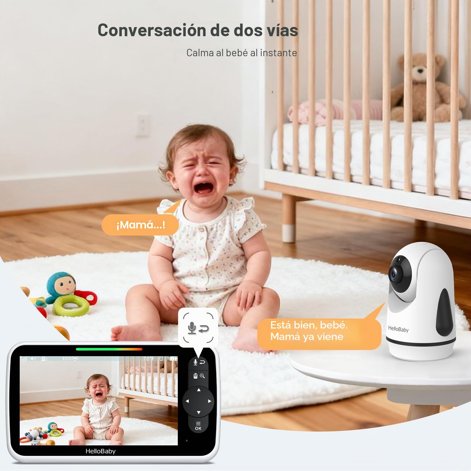 HelloBaby Monitor de Video para Bebés de 6", Pantalla Grande con Cámara y Audio, Batería de 4000mAh y Modo Eco, Visión Nocturna, Sin WiFi, Conversación Bidireccional y 8 Canciones de Cuna, Cámara PTZ