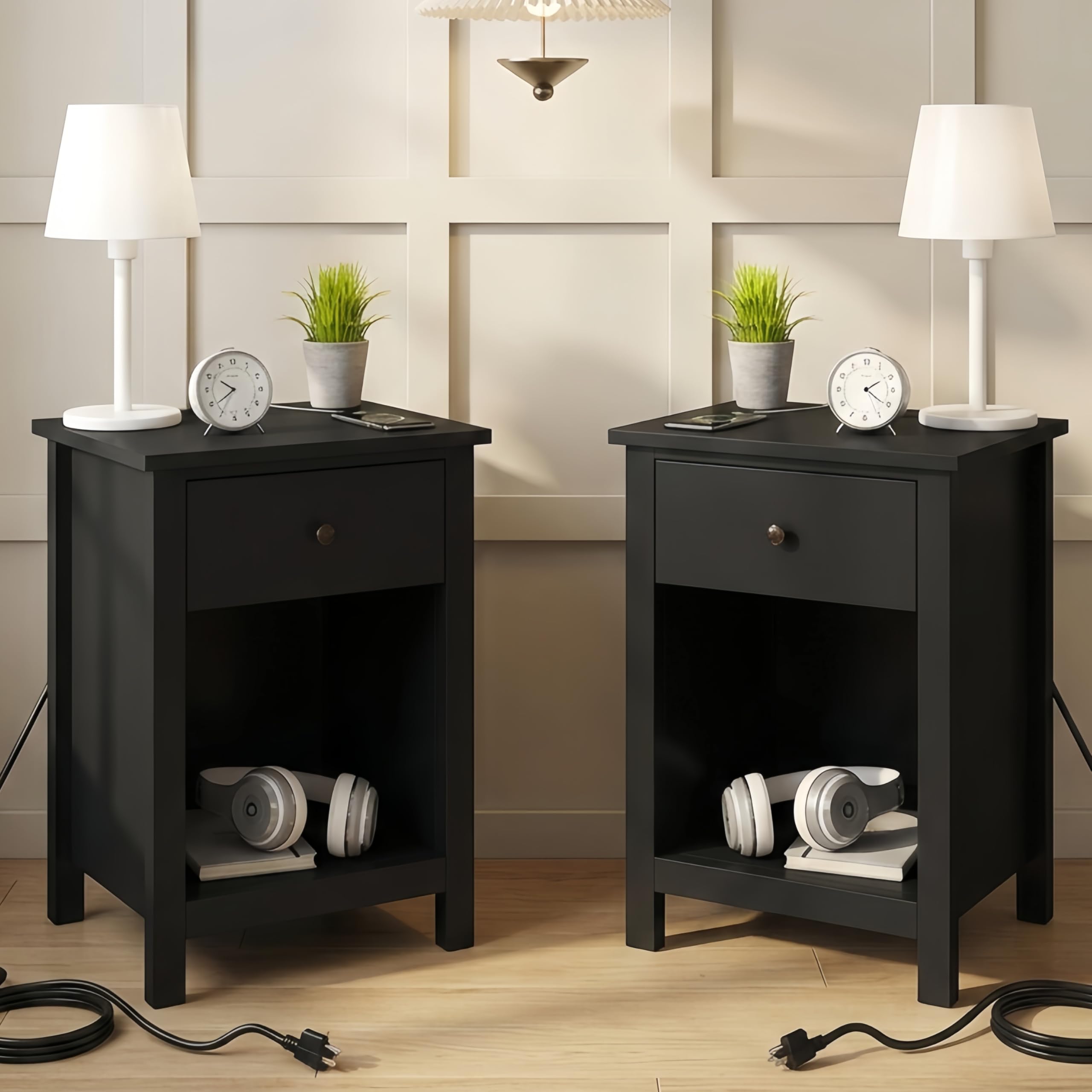 ChooChoo Farmhouse Nightstand with Charging Station Set of 2