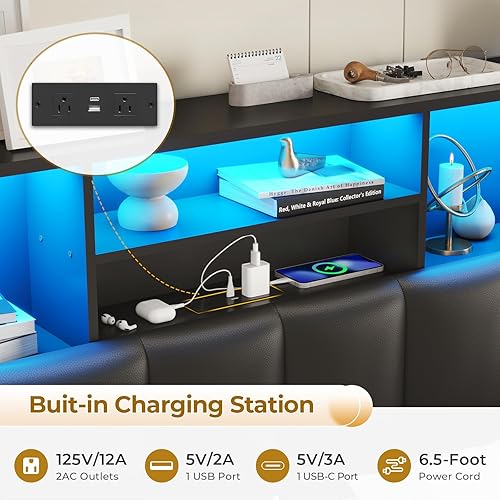 Miniatura 4 de VIAGDO Base de cama Queen con cabecera de estantería, marco de cama de madera tamaño Queen con estación de carga, 4 cajones de almacenamiento y