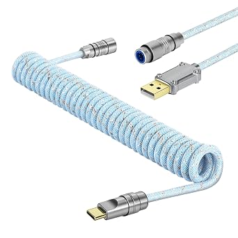 Yindiao MANBASNAKE C05 Custom Coiled Cable,Double-Sleeved Aviator Cable with CNC Copper,USB C to USB A Cable with Detachable Aviator Connector for Mechanical Gaming Keyboards/PC/Phone 5.2ft-Blue