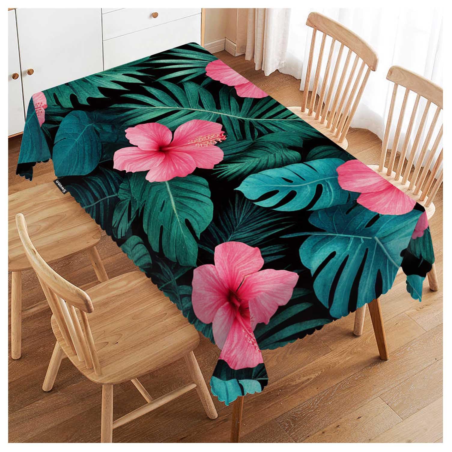 FJQWKLF Palm Leaves Table Cover Tropical Flower Jungle Palms Hibiscus 50x72 Inch Table Cloth for Rectangle Tables Buffet Parties Coffee BBQ and Dinning Tablecloth