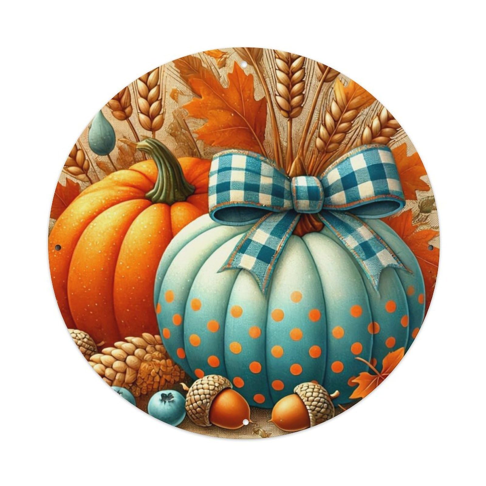 Pumpkin Autumn Leaves Acorns Wheat Retro Metal Sign Round Tin Sign, Vintage Decor Art Poster for Bar, Home, Man Cave, Kitchen, Laundry Room Gift 8x8Inch