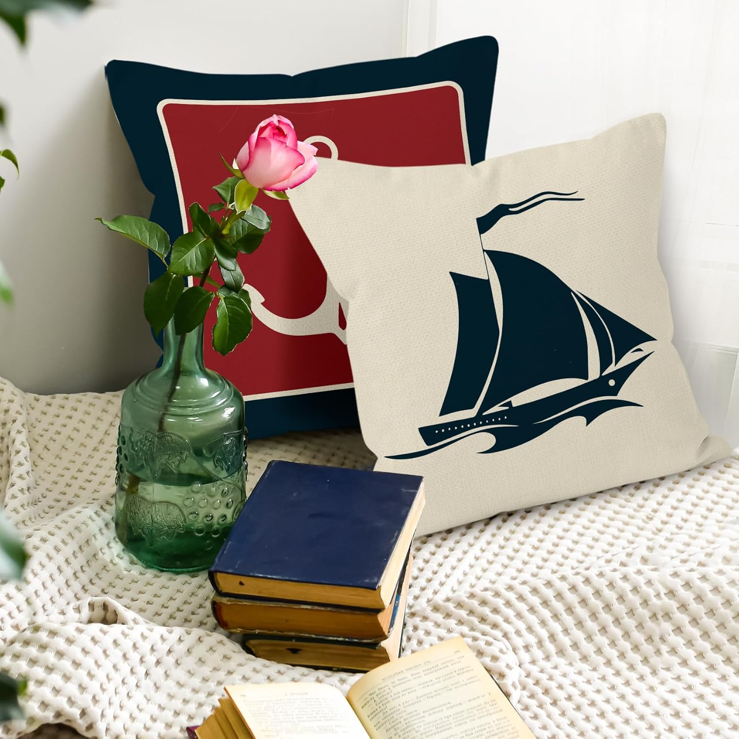 Navy Blue Nautical Coastal Ocean Boat Anchor Throw Pillow Covers, Ship Sailboat Gifts for Sea Lovers Men, Boat Pillow Cases 18 x 18 Inch Home Beach Ship Sofa Decor Set of 4 - Image 5