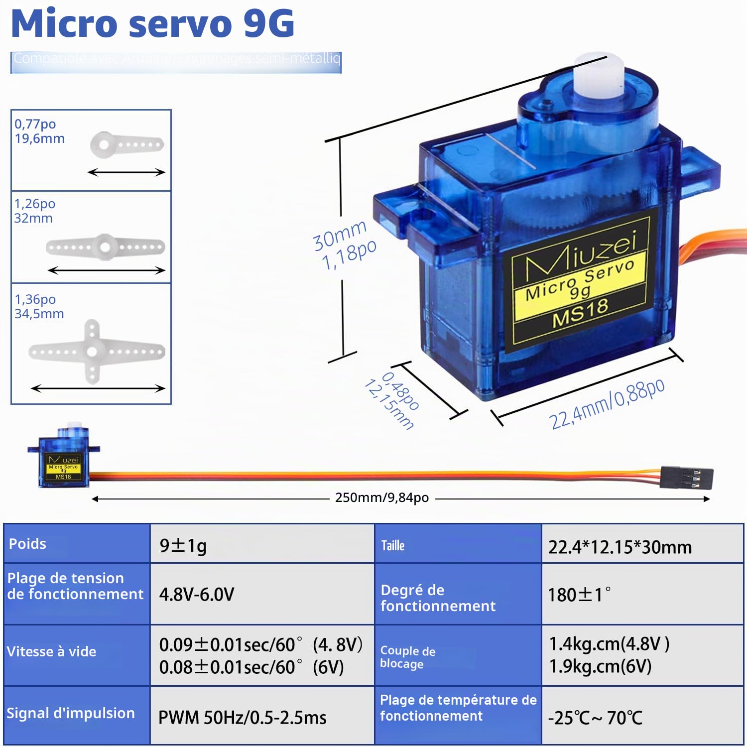 Miuzei 10X Micro Servo Moteur 9G pour RC Robot Bras/Main/Marche Avion Hélicoptère Bateau Voiture Véhicule Commande avec Câble，180° Mini Servomoteur Compatible avec Arduinoet et Raspberry Pi