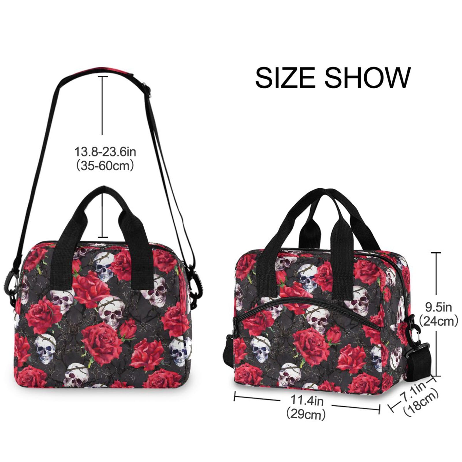 MNSRUU Sac à déjeuner isotherme réutilisable avec bandoulière réglable Motif crânes et roses