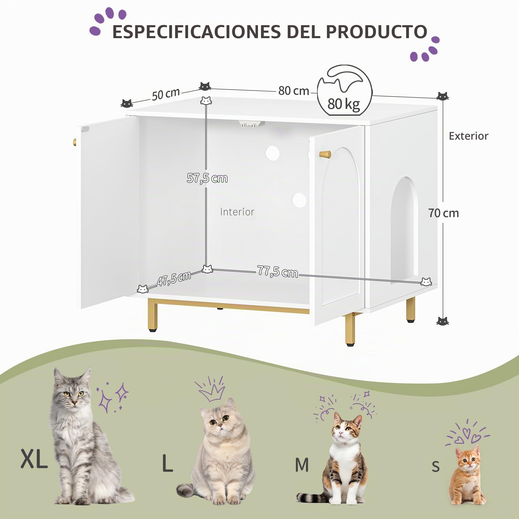 Hzuaneri Caja de Arena para Gatos, Muebles de Caja de Arena, Mesa Auxiliar para Casa de Mascotas, Banco de Gabinete de Almacenamiento, se Adapta a la Mayoría de Gatos, Blanco y Dorado CB85003G