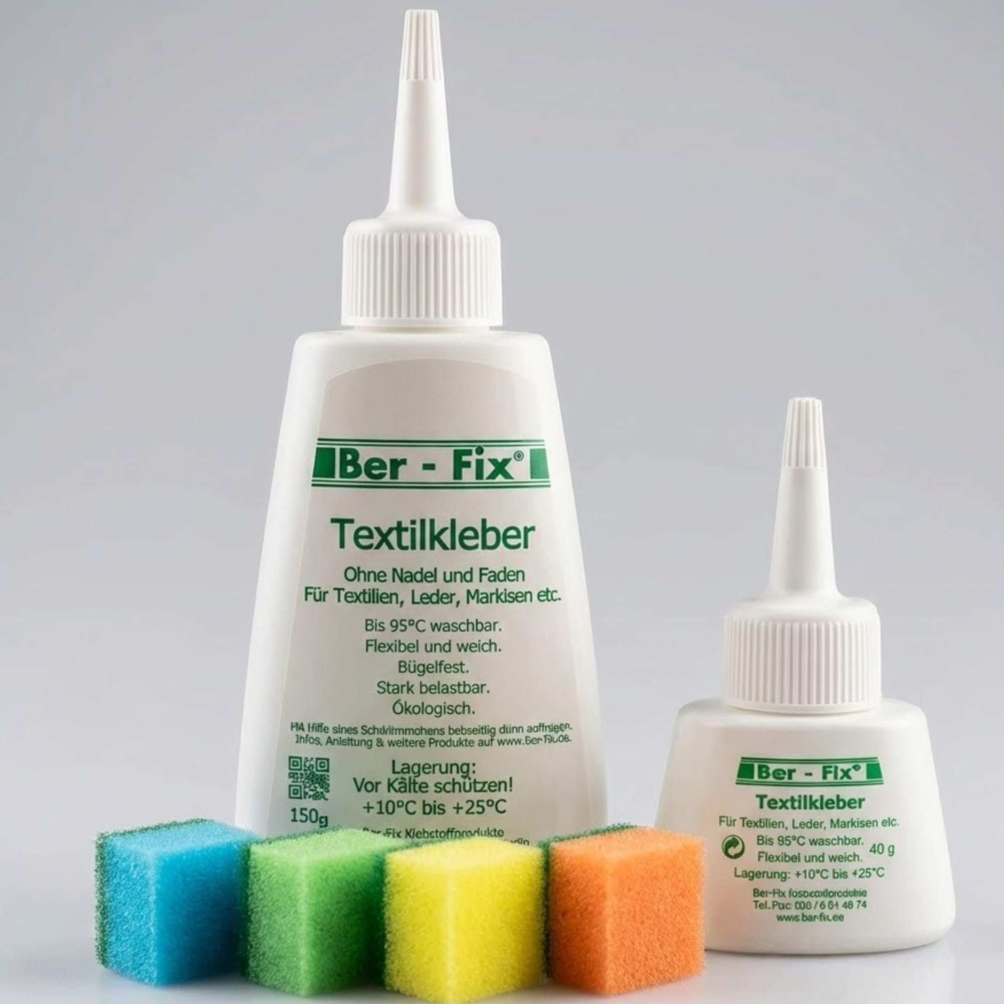 Ber-Fix Textilkleber - wasserfest, kochfest, bügelfester, flexibel (40g mit 150g)