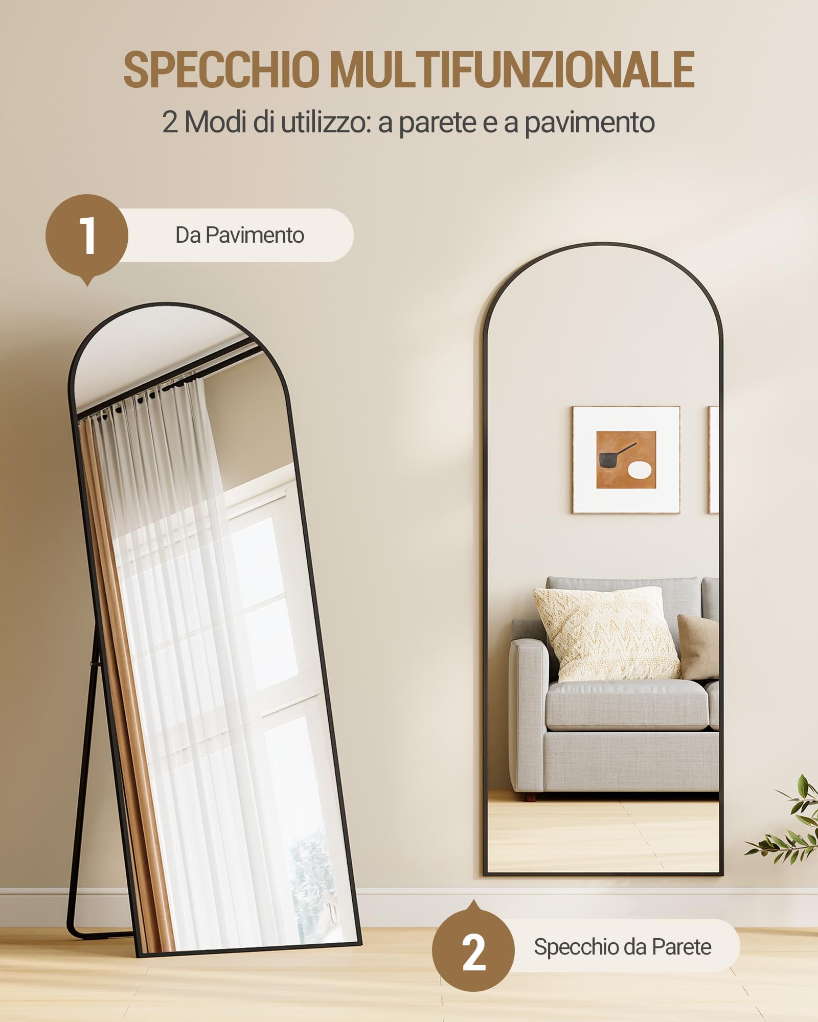 Hzuaneri Specchio a Figura Intera, 160 x 50 cm, Specchio da Terra ad Arco con Supporto, Vetro Temperato, Cornice in Lega di Alluminio, Può essere appeso al muro, Camera da Letto Soggiorno, Nero