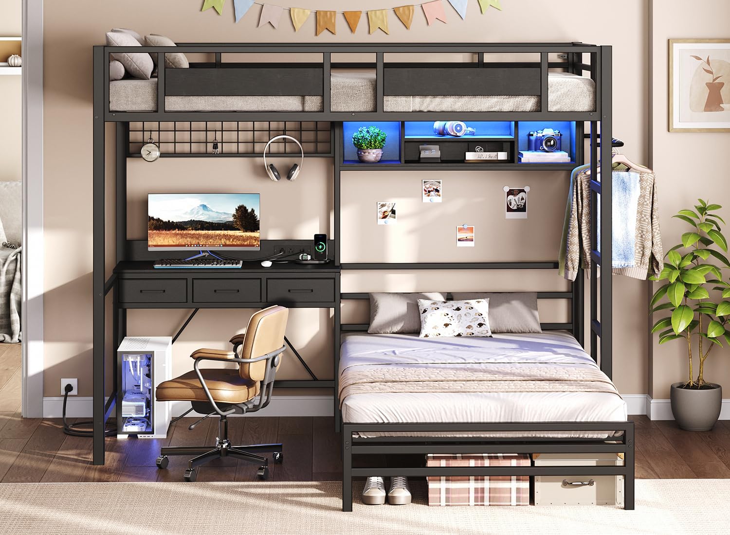 RALGEND Twin Over Twin Bunk Bed with Desk with 3 Drawers & Storage Shelves, Twin Bunk Bed with Charging Station & LED Lights, Bunk Bed with Guardrail