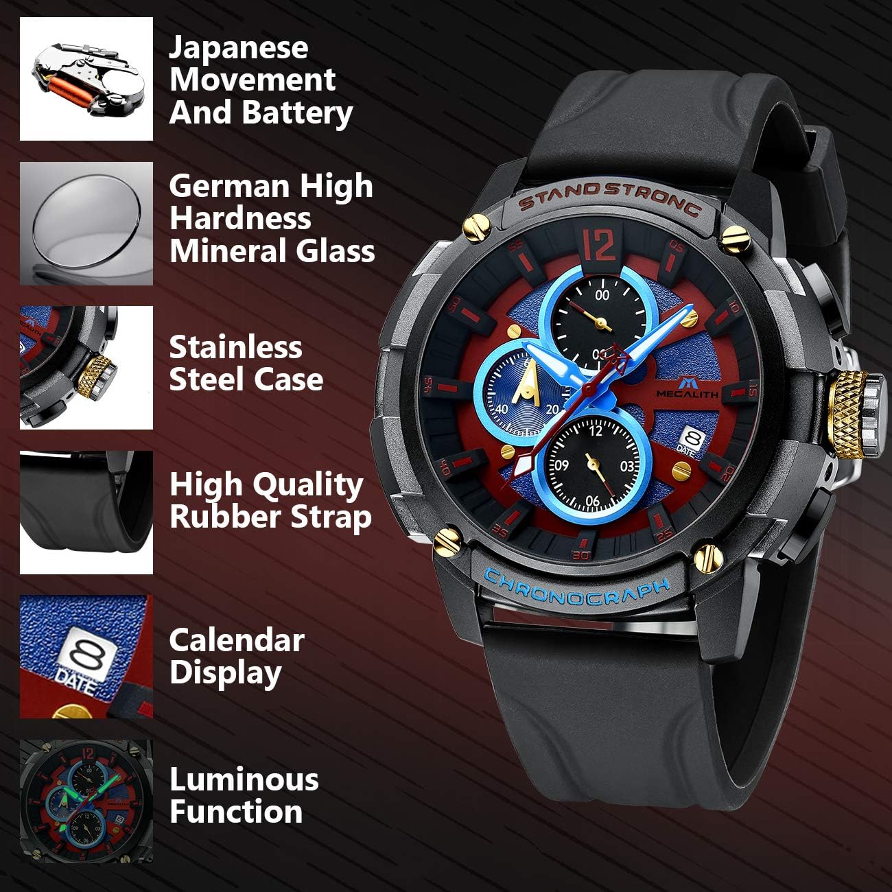 Buy MEGALITH Men's Watch 50mm Rubber Chronograph Waterproof Large Face