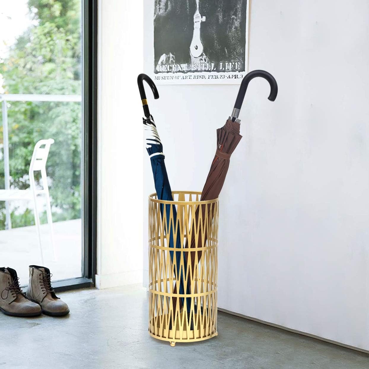 JovecoJoveco Umbrella Racks- Gold Metal Round Umbrella Stand Holder with Drip Tray for Home Entryway- Free Standing Holders for Canes Walking Sticks and Hiking Poles (Gold Chevron)