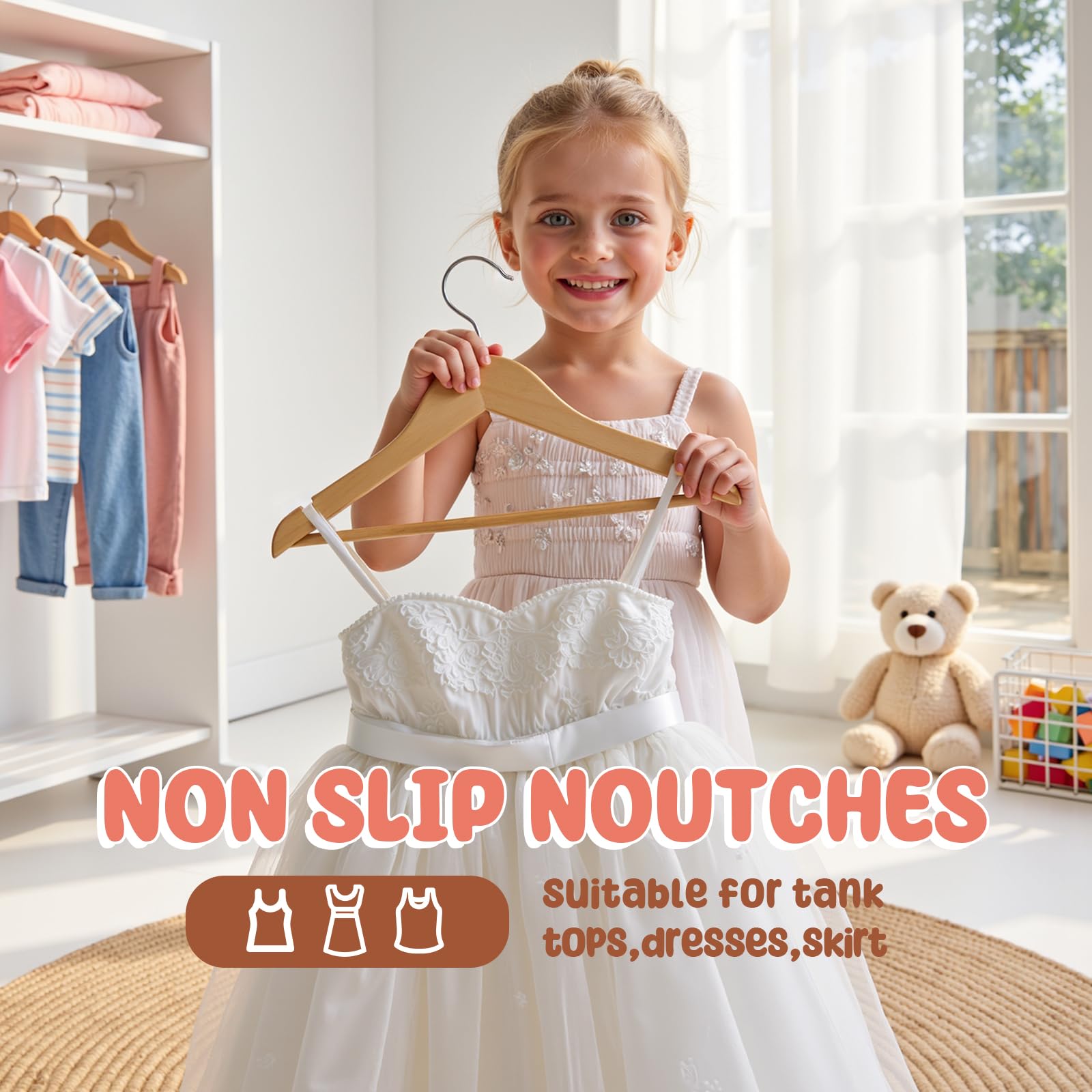 Perchas de madera para niños, paquete de 20 perchas de madera maciza para bebés, perchas para niños de 12.6 pulgadas con barra para pantalones, muescas de hombro, ganchos giratorios, para ropa