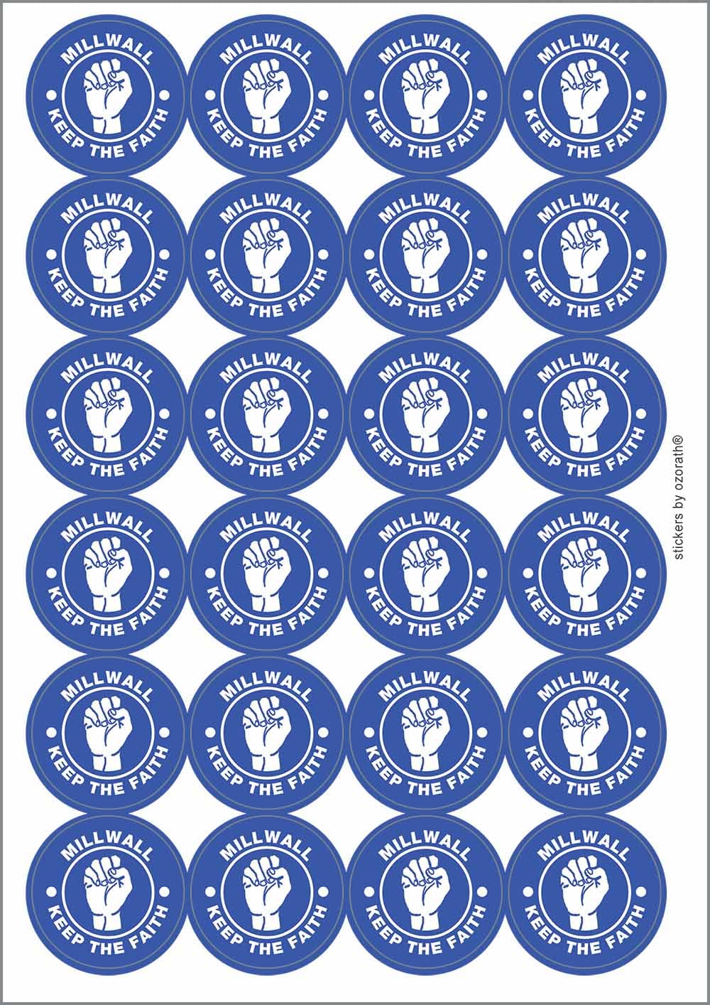 Millwall Keep The Faith Northern Soul Circular Matt Paper Stickers A4 Sheet of 24 (Each Sticker is 45mm Diameter)