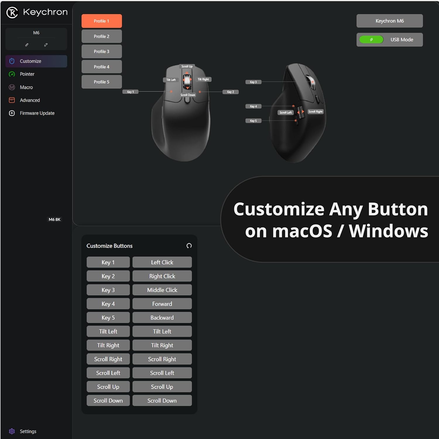Keychron M6 8K mouse with customization options shown on a screen