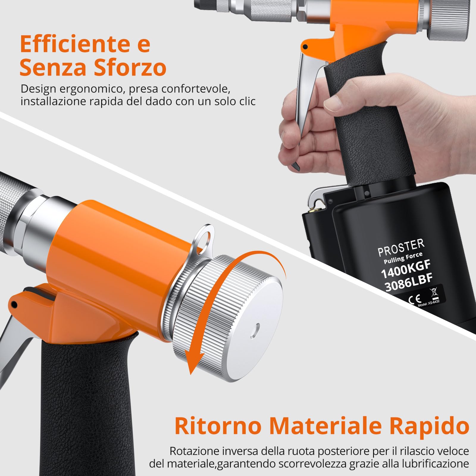 Proster Pistola Pneumatica per Rivetti Nut Set Rivet Nut con 5 Mandrini Metrici M4-M10 Forza di Trazione 1400KGF Valvola di Regolazione della Pressione Attrezzo per Fai da Te e Officina con Custodia