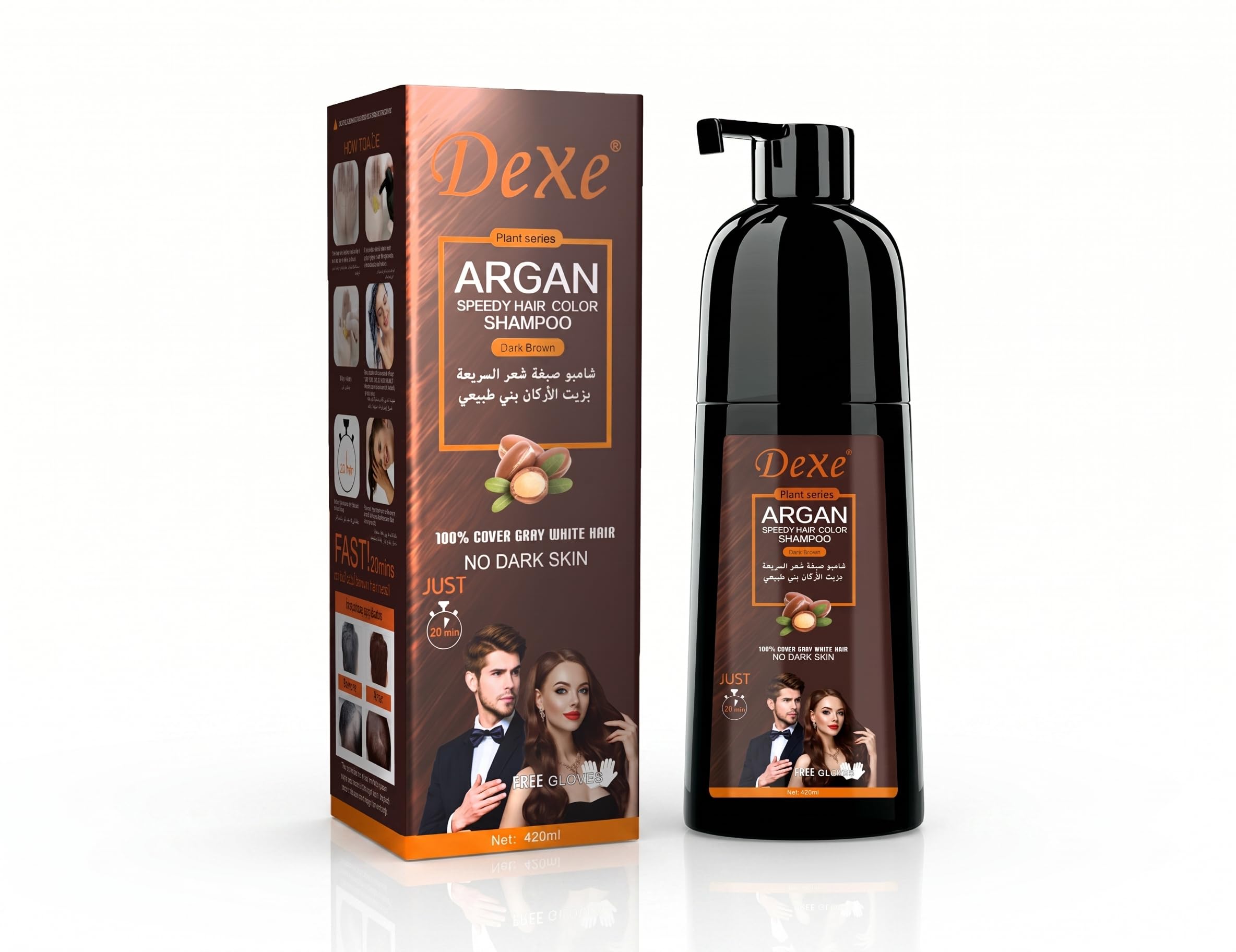 Dexe Argan Hair Shampoo Instant Natural Black Hair for Men & Women – Fast 5-Minute Grey Coverage Hair Color Shampoo – Plant-Based Formula with Argan Oil, No Skin Stain (420ml) – (Dark Brown)-image-28