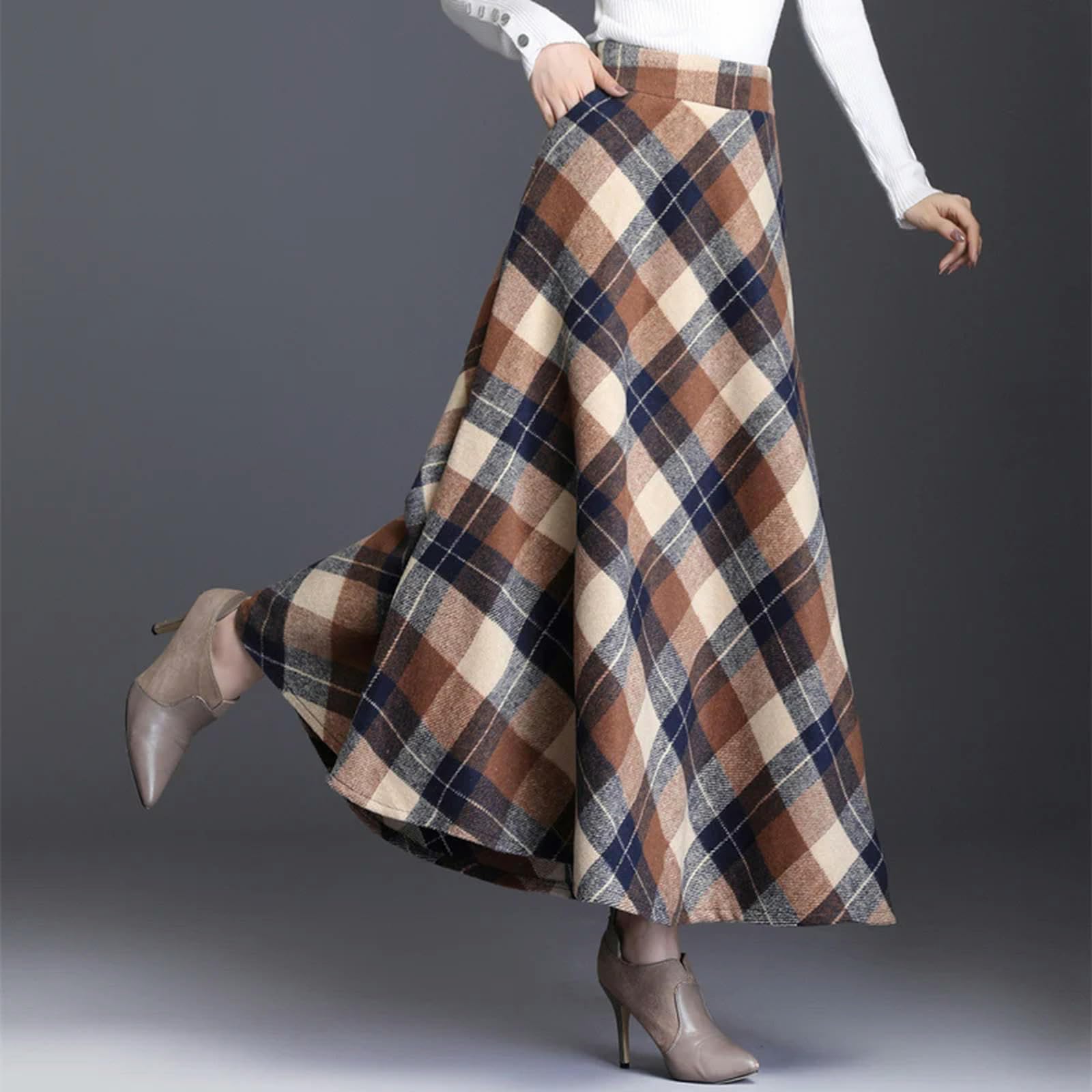 Damen Rock Frauen Hoher Taillenrock Vintage Falten Eine Linie Flared Skater Länge Midi Swing Kleid-Khaki -Rock-XXXL