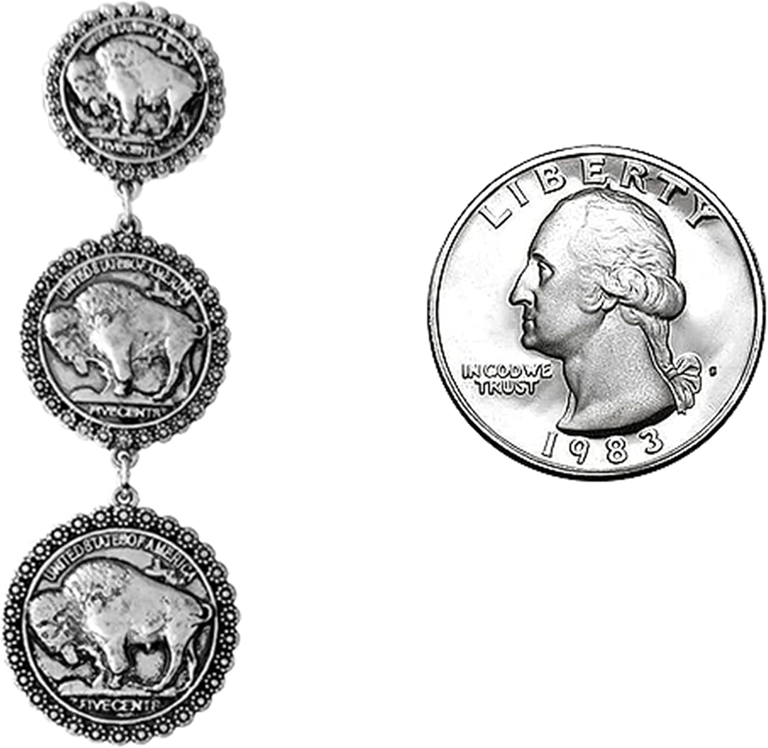 Rosemarie & Jubalee Women's Unique Western Style Burnished Silver Tone Triple Buffalo Coin Hypoallergenic Post Back Dangle Earrings, 3"
