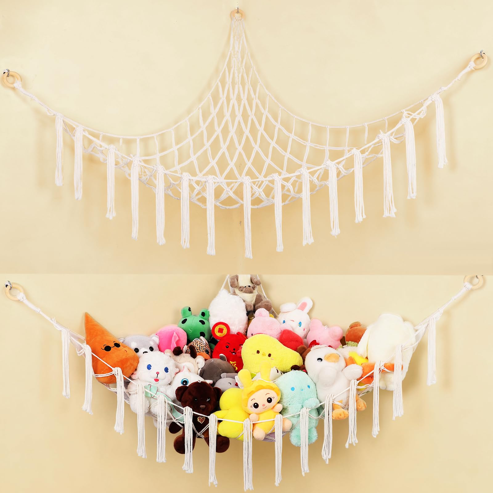 Toy Hammock for Stuffed Animals, 51"*51"*69" Soft Cuddly Plush Toys Macrame Net, Corner Hanging Organizer for Nursery Decor