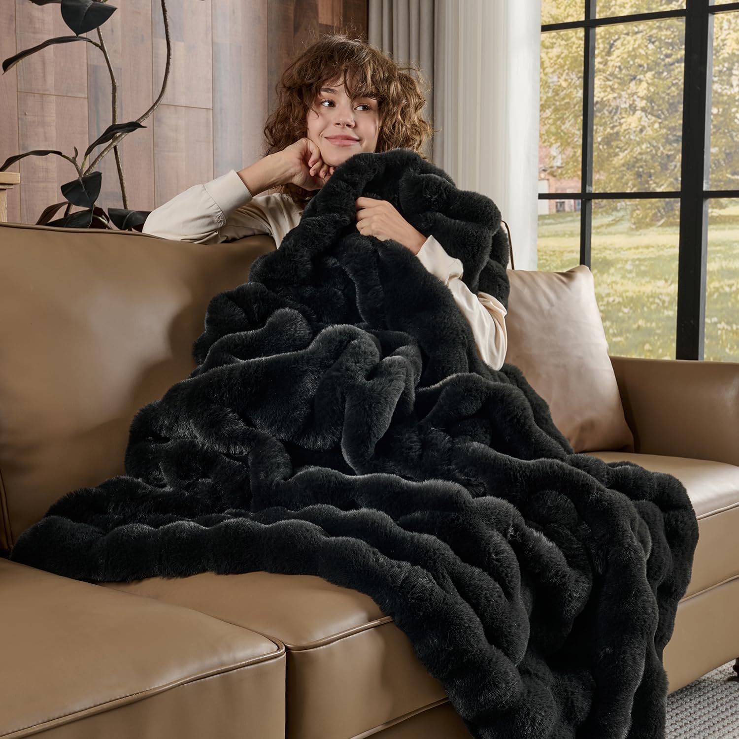 Lotus Karen Faux Fur Blanket Black - Big Bubble Rabbit Fluff King Throw for The Bed Large Fluffy Fuzzy Cozy Thick Furry Plush Shaggy Blankets 108x90 Inches - Image 4