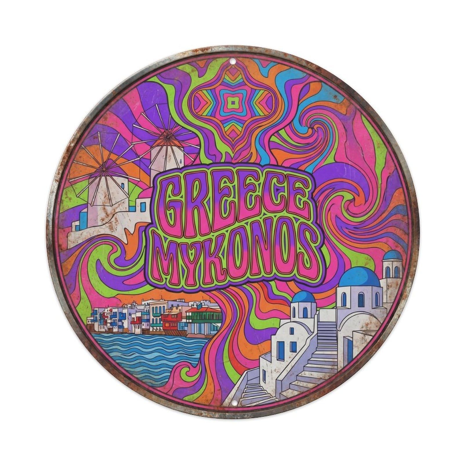 Mykonos Windmills Greek Graphic Color Historic Landmark Metal Tin Sign