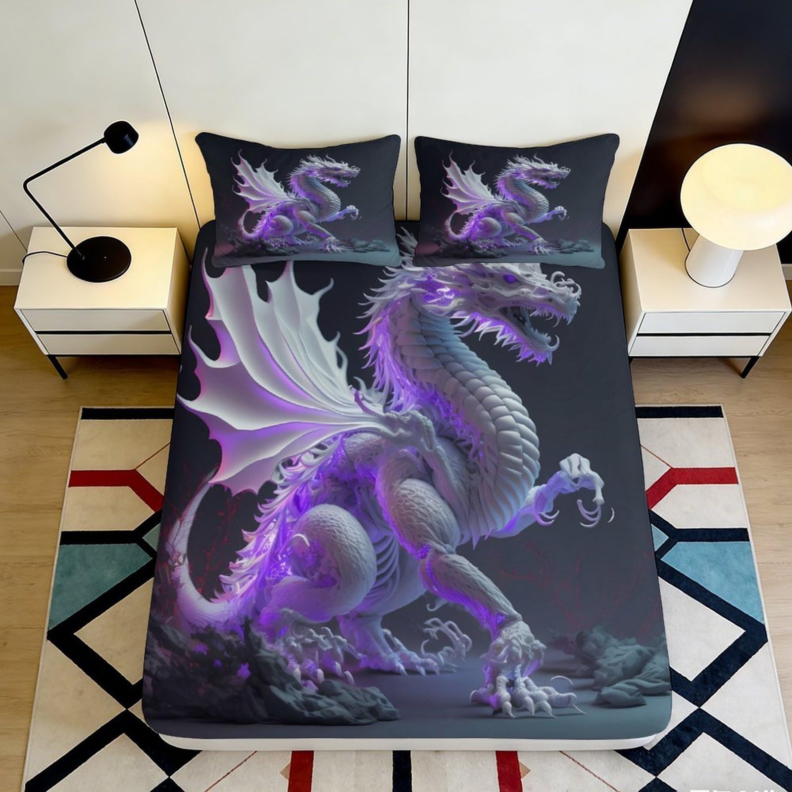 Jqzkxnhpbr Style-8 3D Printed Purple Dragon Fitted Sheet Microfiber Soft Black Fantasy Beast Bed Cover For Bedroom Guest Room Decor 90X200x25cm